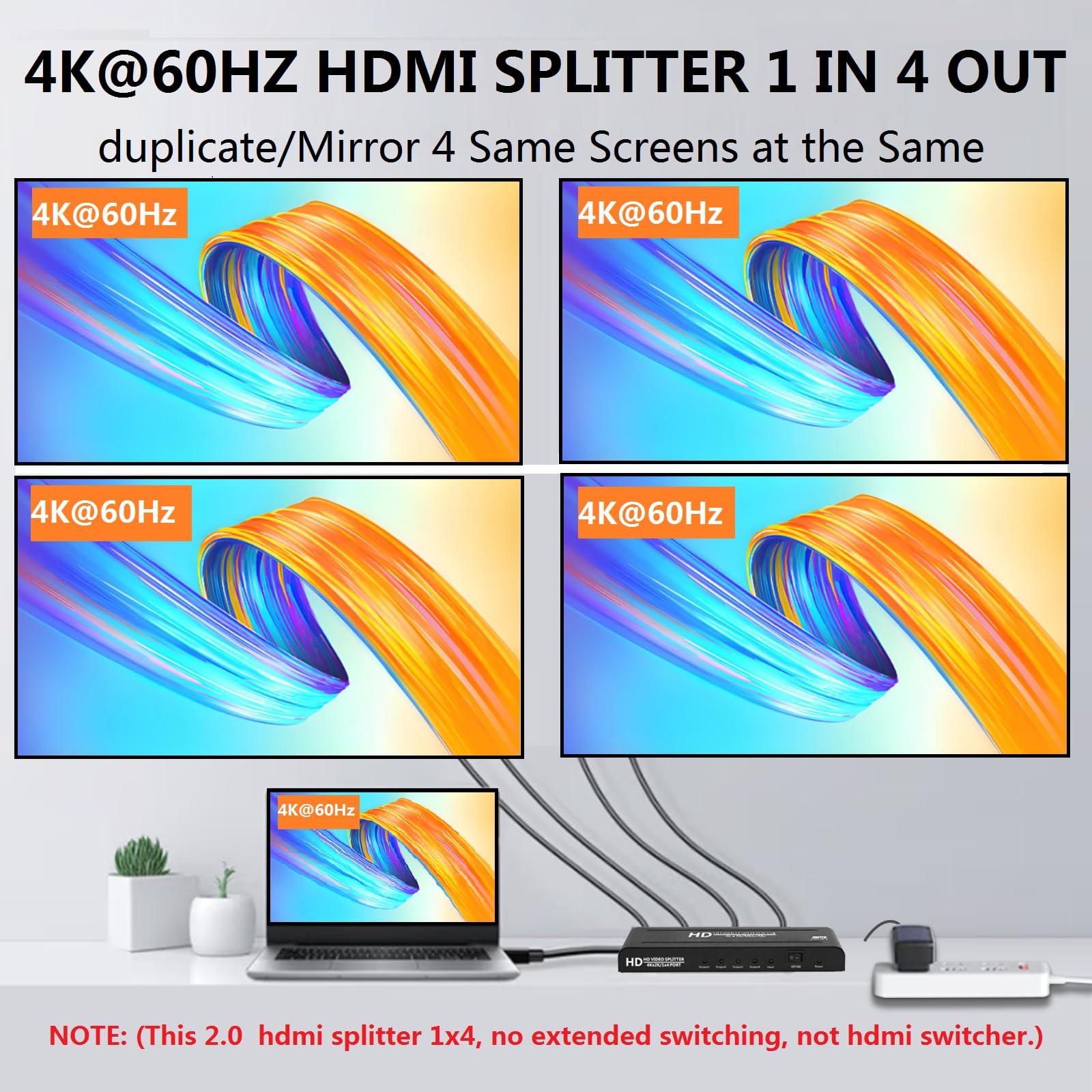 Splitter HDMI 4K a 60Hz 1x4 1 in 4 Out, 4:4:4, 18 Gbps, 4 porte alimentato HDMI 2.0 Splitter supporta scalizzatore automatico, sincronizzazione 4K 1080P, HDR10, 3D, solo schermate duplicazione