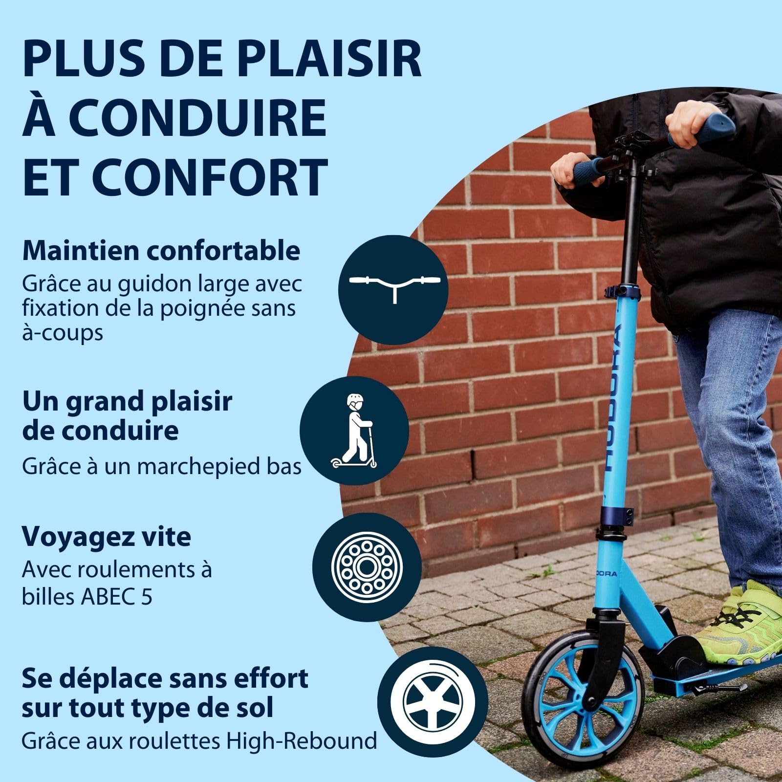 HUDORA Scooter Up 200 - Trottinette Confortable et silencieuse en Aluminium pour jusqu'à 100kg - Réglable en Hauteur & Pliable - Trottinette sans à-Coup pour Enfants/Adolescents & Adultes