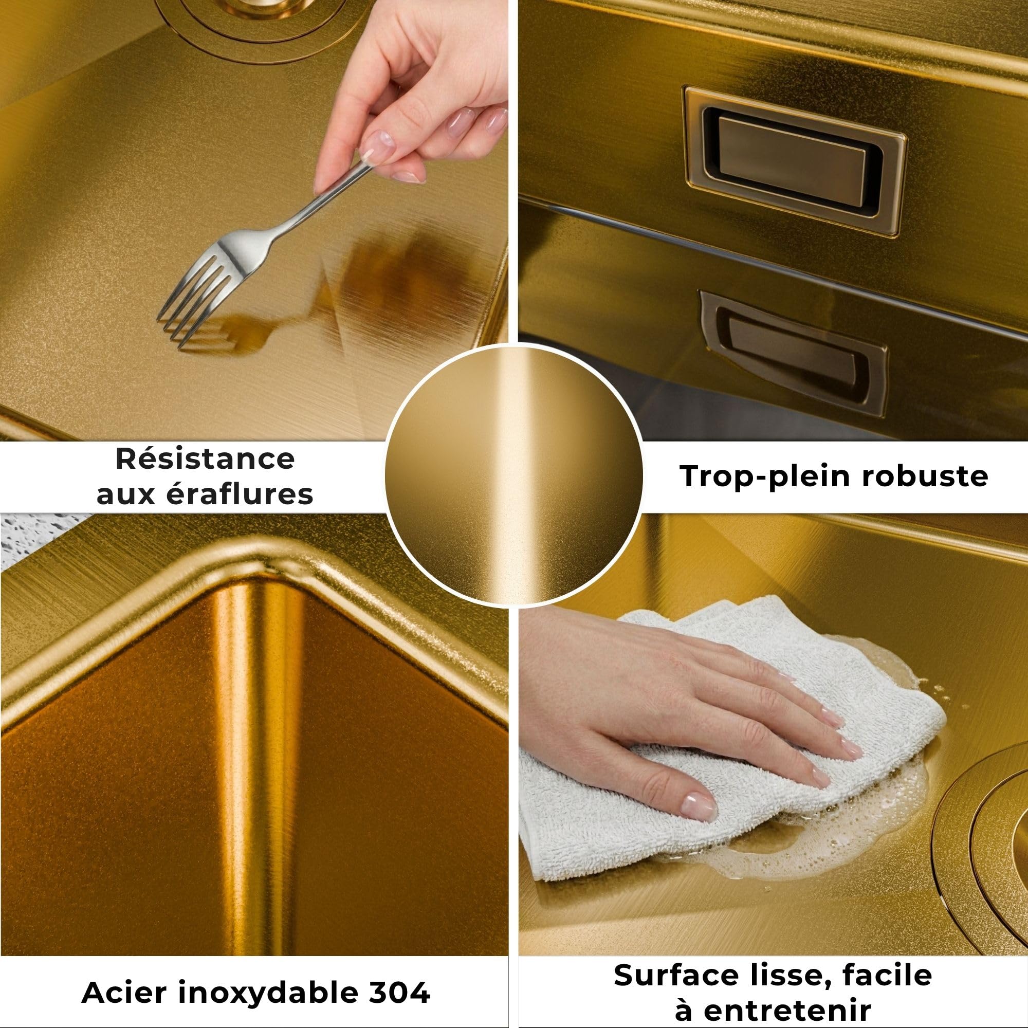 ANW HOME Evier Cuisine 1 Bac 74x44 cm, Or PVD | Encastré/Sous Plan, Revêtement Nano, Épaisseur 3,0+1 mm, Profondeur 22 cm, Avec Siphon