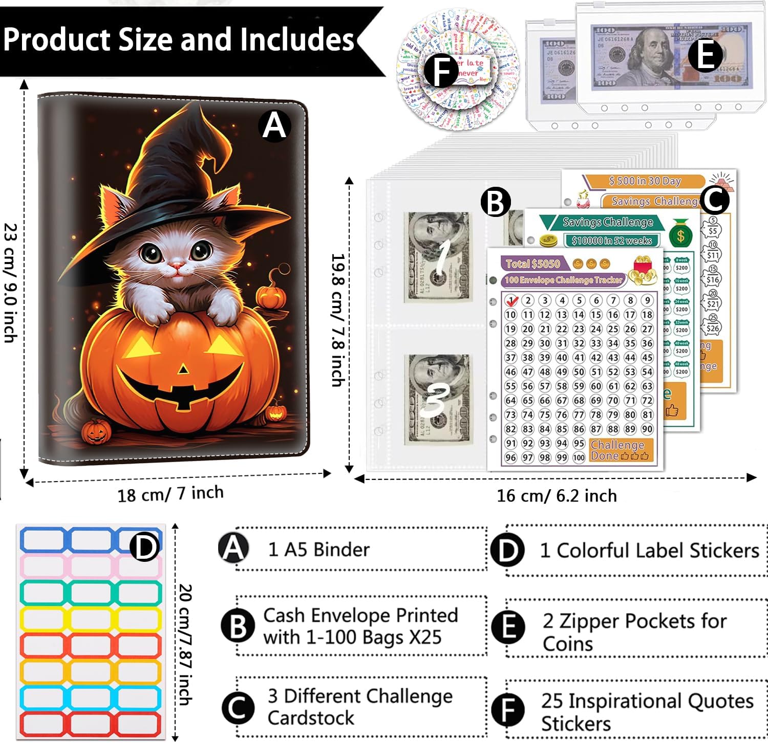 Money Saving Binder, 100 Envelopes Money Saving Challenge, Cash Envelopes Budget Binder & 3 Budgeting Planner Trackers, PU Leathers A5 Money Saving Planner Book，Halloween Cat Pumpkin