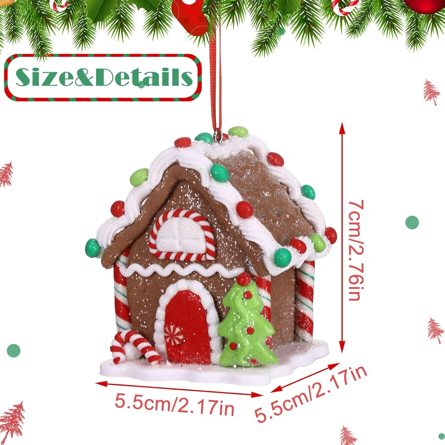 Funtery 6 Pcs Gingerbread House Ornaments for Christmas Tree Gingerbread Christmas Decor with Rope Xmas Hanging Ornaments for Tree Holiday Party New Year Home Decorations (Charming Style)