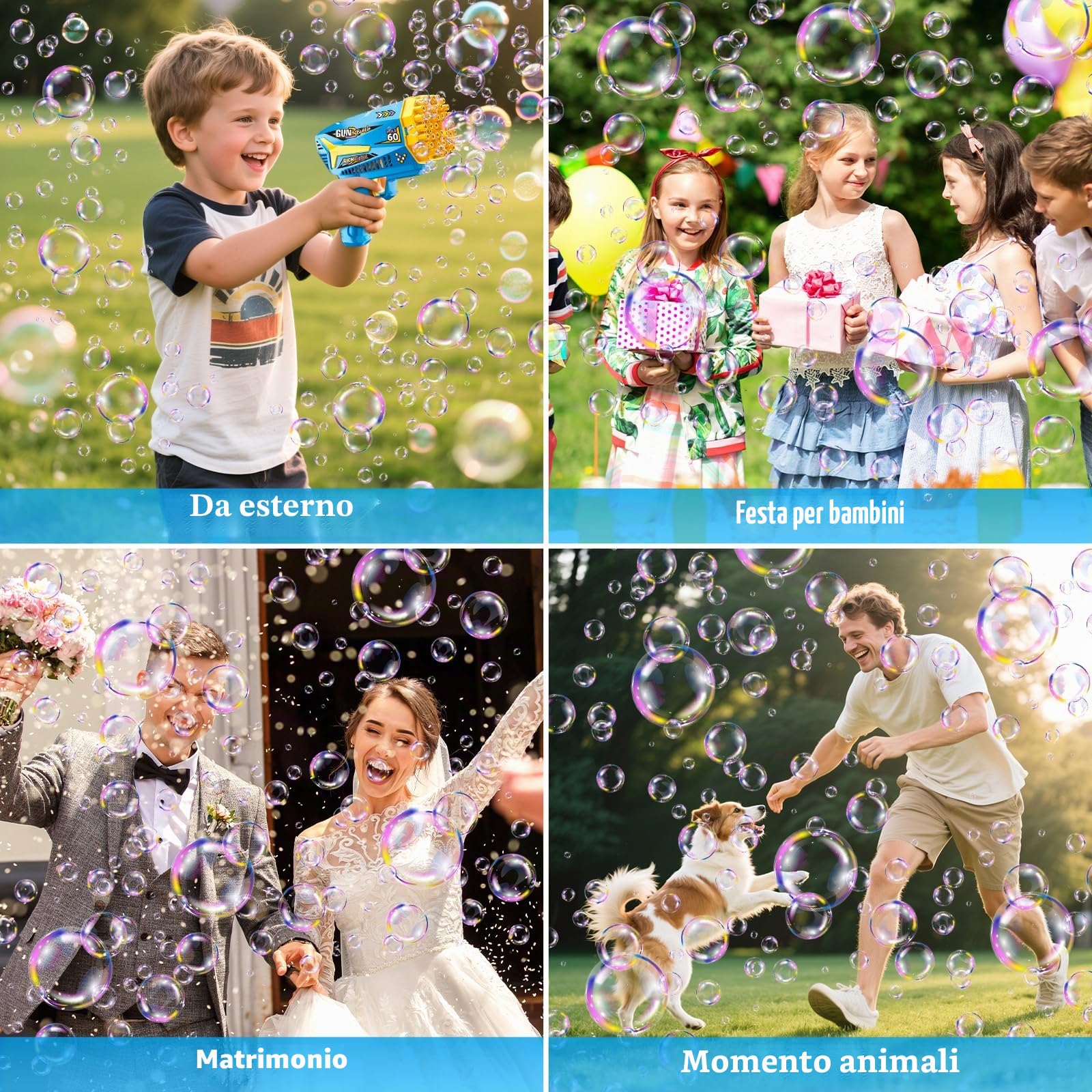 Sparabolle di Sapone, 2 Pieces Macchina Automatica per Bolle, 200ml Liquido Incluso, 10 Confezioni di Liquido per Bolle, Pistola Bolle di Sapone per Feste Compleanno All'aperto Matrimoni