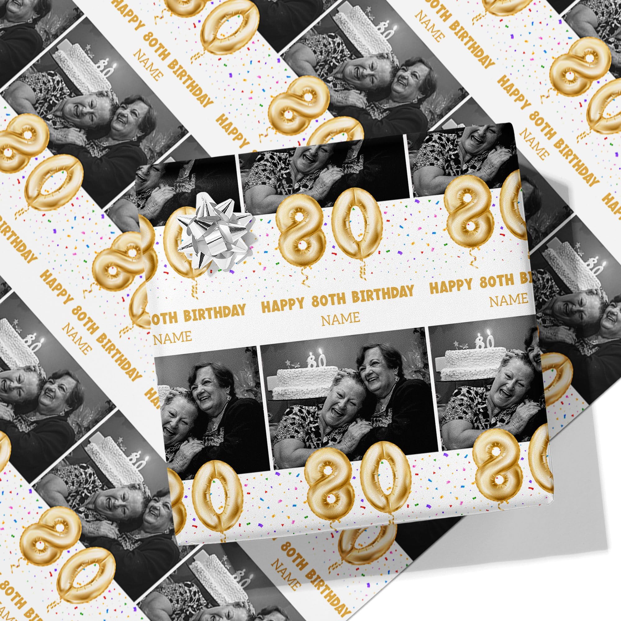 80th Milestone Birthday Balloons Personalised Wrapping Paper - Add Any Name and Photo-80-A2 Sheet - 420mm x 594mm