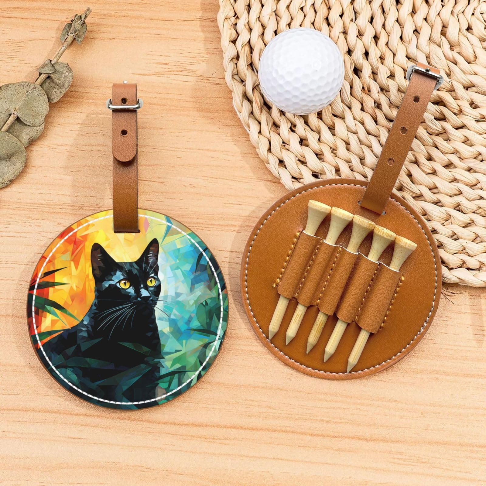 Geometric Black Cat Brown Printed golf tee storage bag - portable design, easy to organize tee