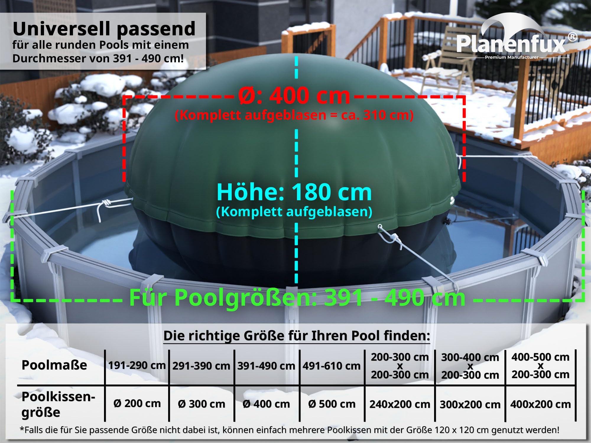 Planenfux® Poolkissen rund Winter Ø 400 cm (für Ø 400-500 cm Pools) | 4m XXL Pool Luftkissen | Pool Kissen Winterfest | Chlorbeständiges Abdeckkissen für 396 cm, 427 cm, 460 cm & 488 cm Rundpool