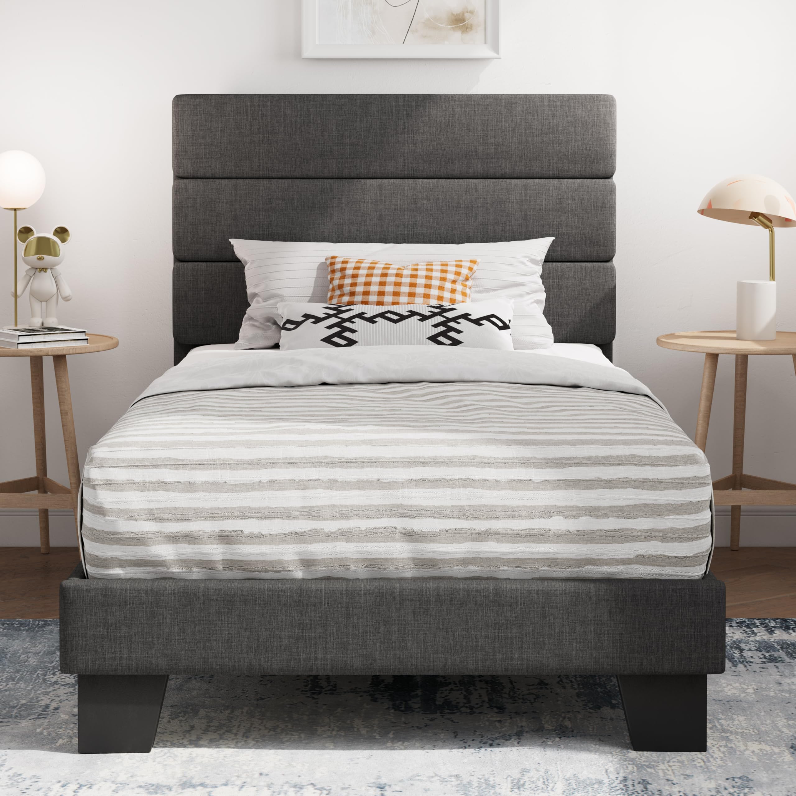 SHA CERLIN Twin Platform Bed Frame with Upholstered Fabric Headboard, Grey