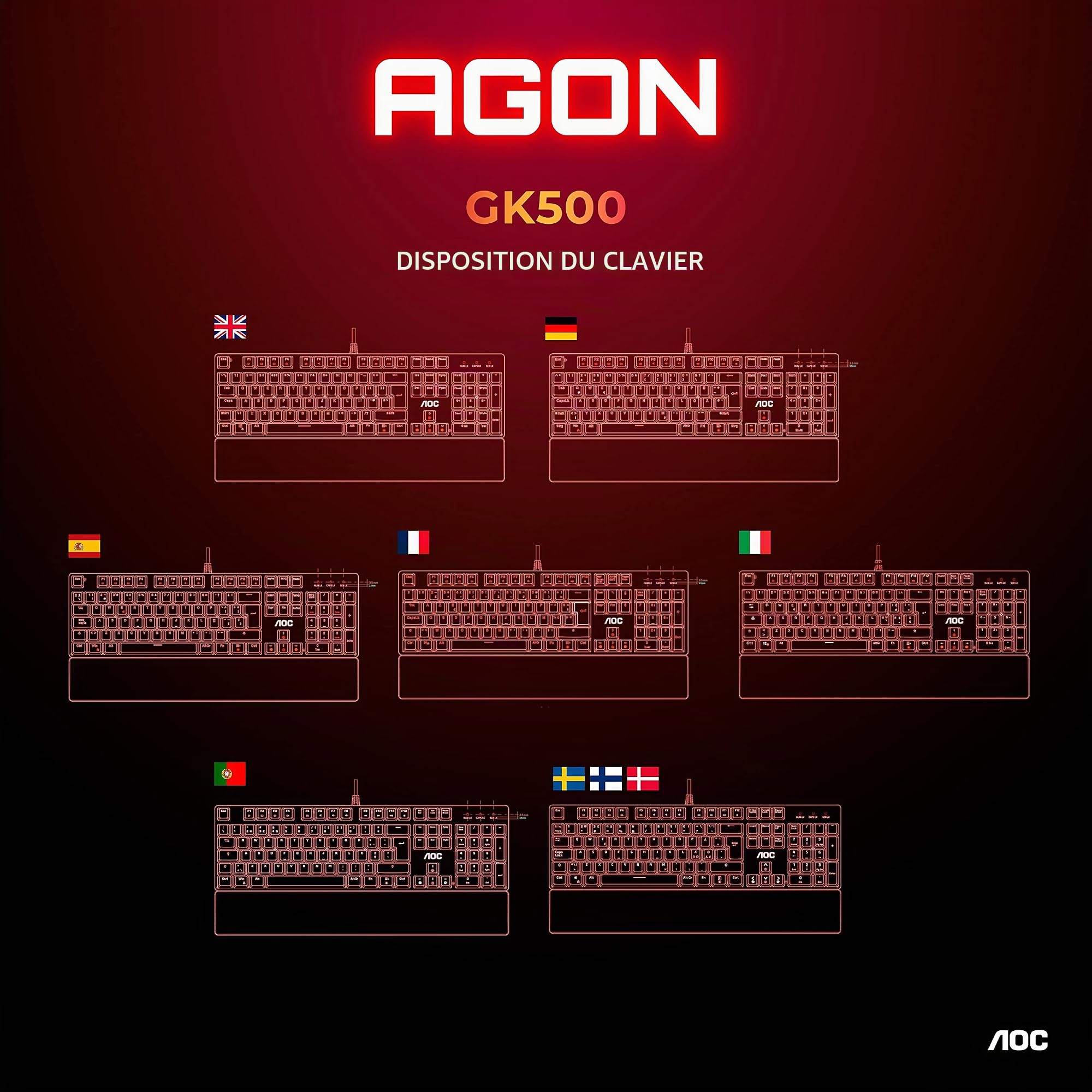 AOC GK500 Clavier de jeu - Disposition française - Éclairage RVB - Anti-ghosting - Logiciel AOC G-Tools - N-Key Rollover