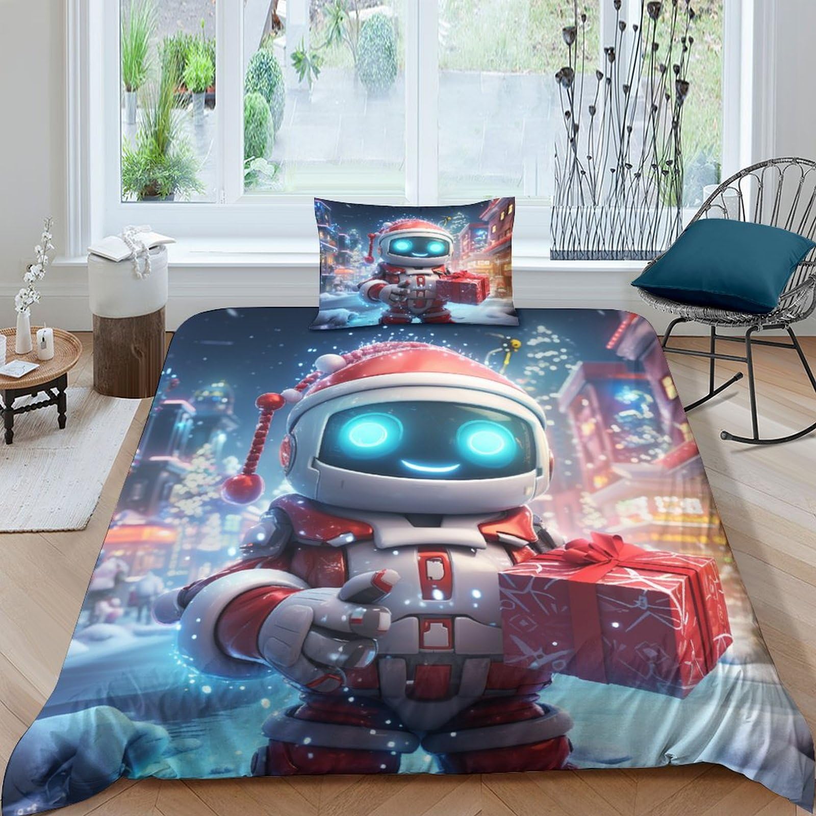 Housse de couette Christmas Robot zippée 135x200cm pour éviter la couette qui glisse