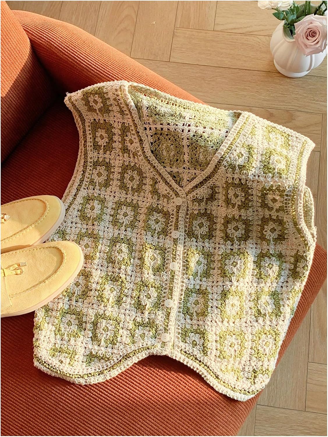 OYOANGLE Women's Boho Floral Knit Sweater Vest Button Up V Neck Hollow Out Crochet Tops - Image 5
