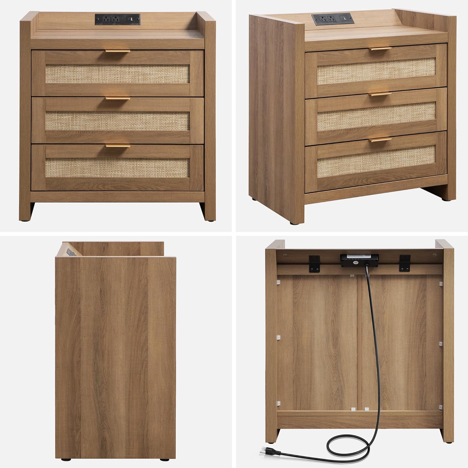 Close-up of the nightstand's charging station with USB, Type-C, and AC outlets.