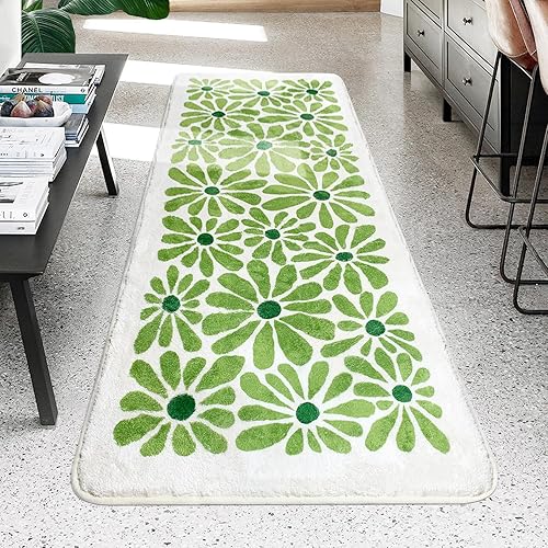 Miniatura 2 de SHIYUE Alfombra de baño larga verde para corredor de baño, suave, antideslizante, lavable, microfibra absorbente (linda flor, 24 x 60 pulgadas)