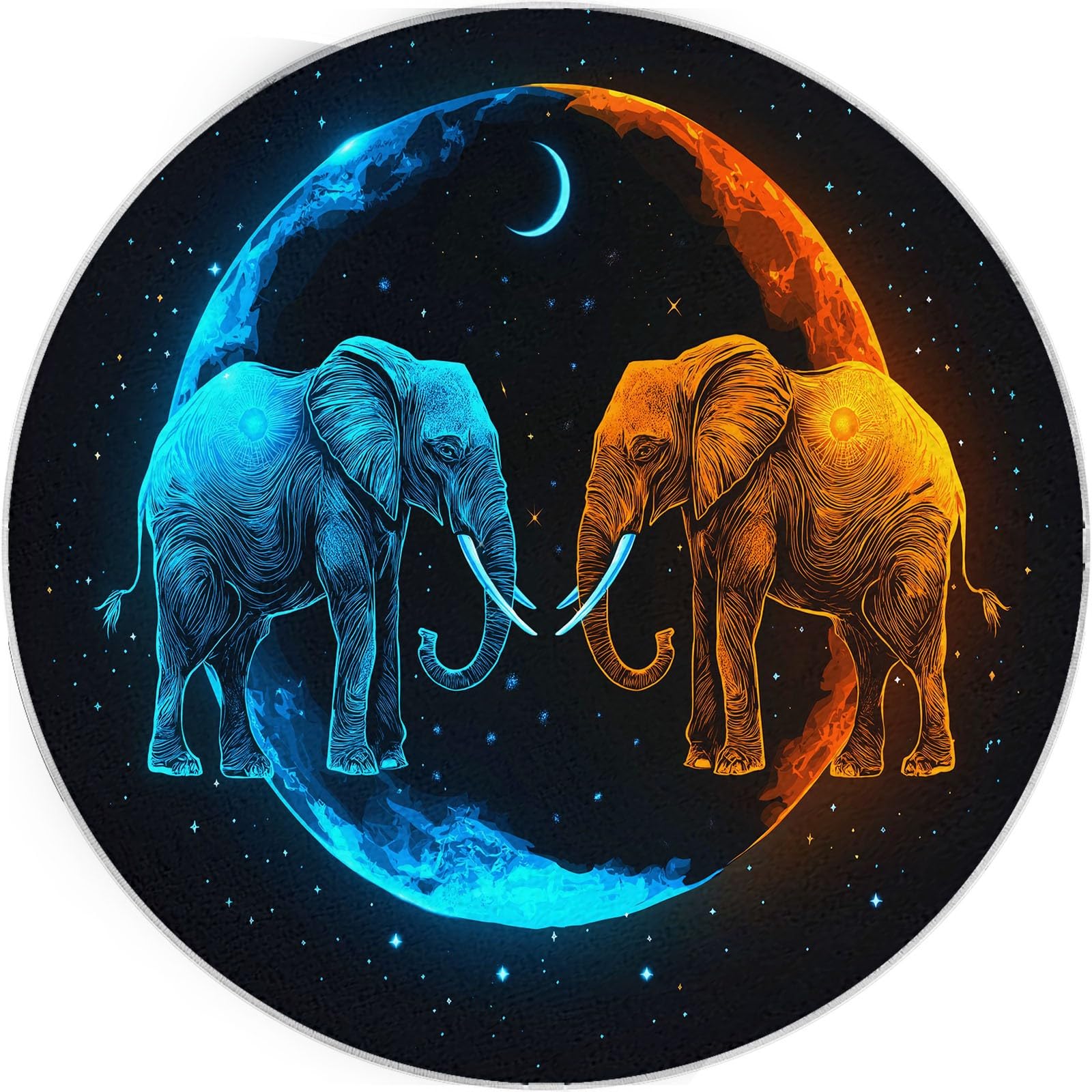 Générique Noir Antidérapant Tapis Rond 150 cm, Animaux Fantastiques Éléphant Lune Lavable en Machine Tapis Rond, Moquette de Salon et Chambre Doux et Confortable, Idéal pour Intérieurs décoration