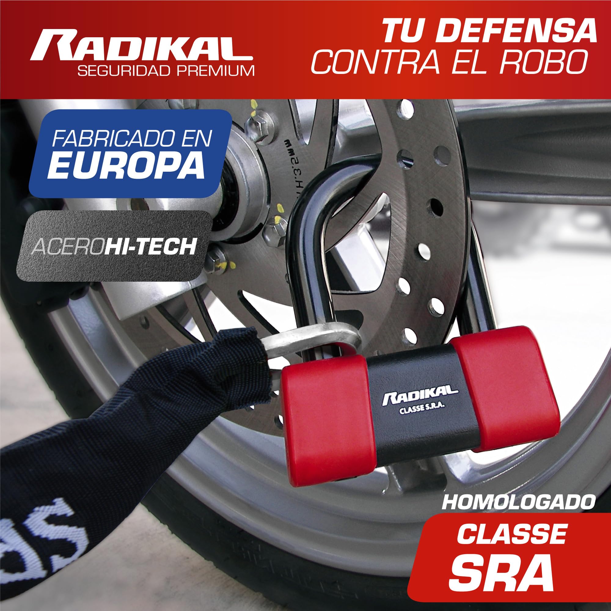 RADIKAL RK75+10.120L Candado Cadena Sistema Lazo ø10 + Candado Moto Disco Mini U Alta Seguridad Homologado Classe SRA, 120cm Mayor Distancia, Antirrobo Multifunción para Anclaje, Motocicleta, Parking