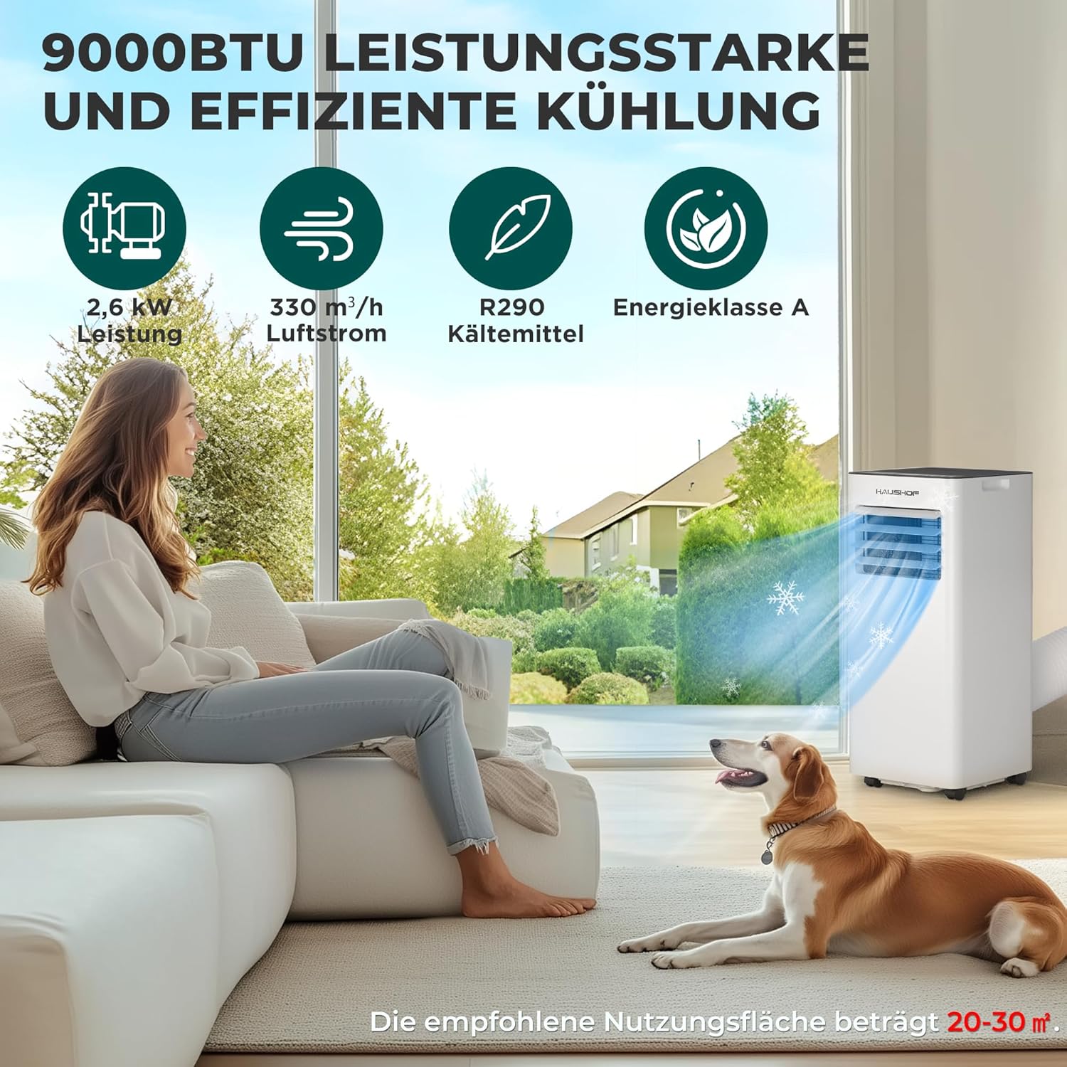 Image showing the 9000BTU cooling power and efficiency of the air conditioner in a living room setting.