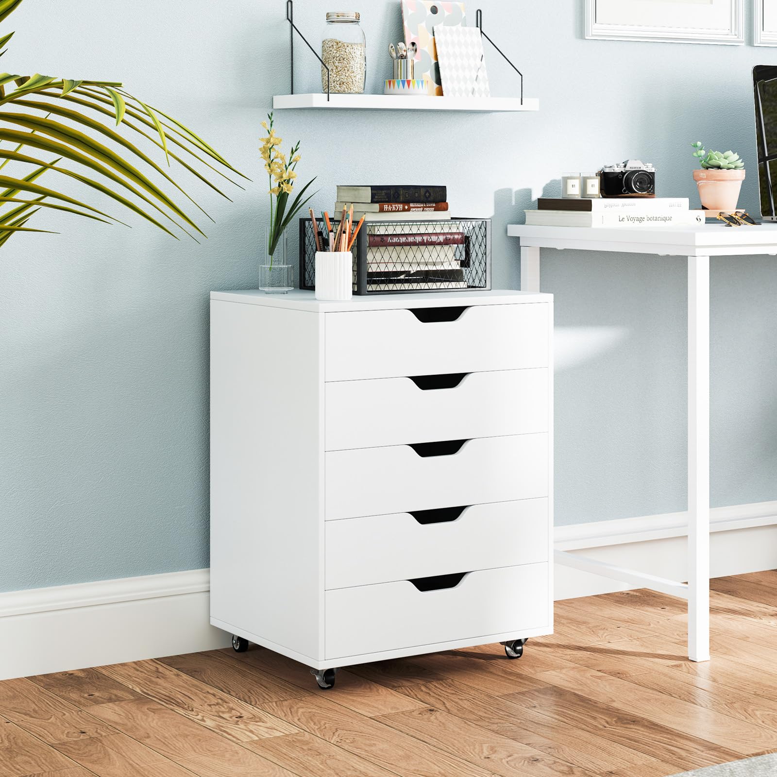 COSTWAY Cajonera de Oficina con 5 Cajones, Mueble Archivador con Ruedas, Soporte para Impresora, Archivador para Carta/A4/F4, Armario de Almacenamiento Multifuncional para Casa Oficina (Blanco)