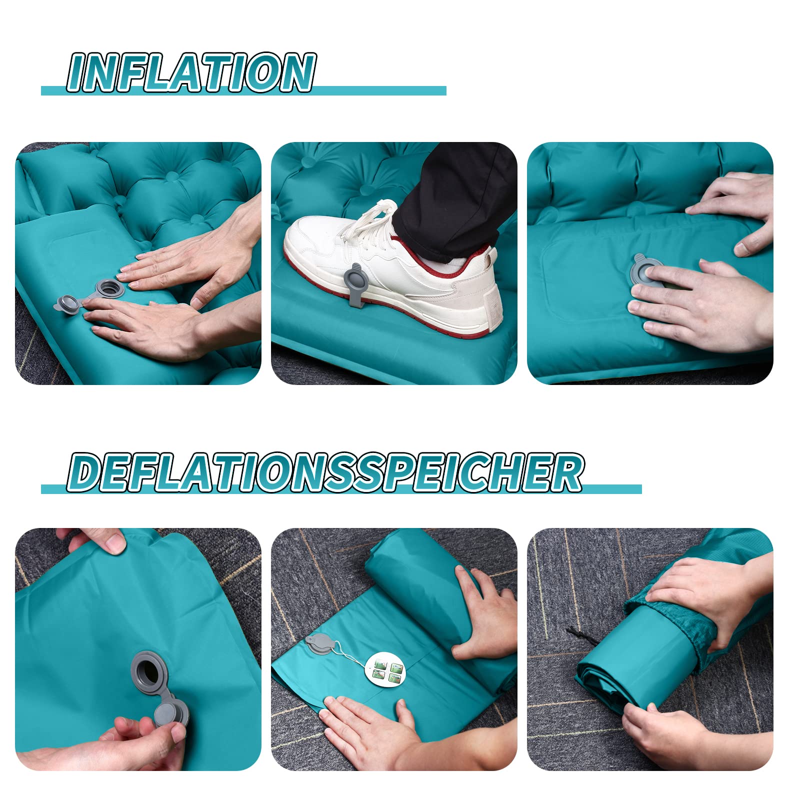 ERWEY Camping Isomatte 200x70 cm Aufblasbare Luftmatratze mit Fußpumpe & Kissen Wasserdicht Isomatte Camping Luftmatratze Aufblasbare Matratze Outdoor für Wandern Strand Zelt, Cyan