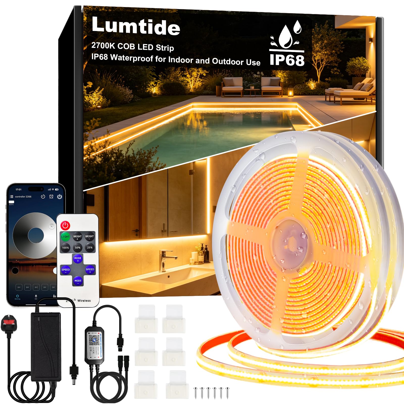 Lumtide Cob Led Strip Outerdoor Waterproof 30M, IP68 2700K Warm White