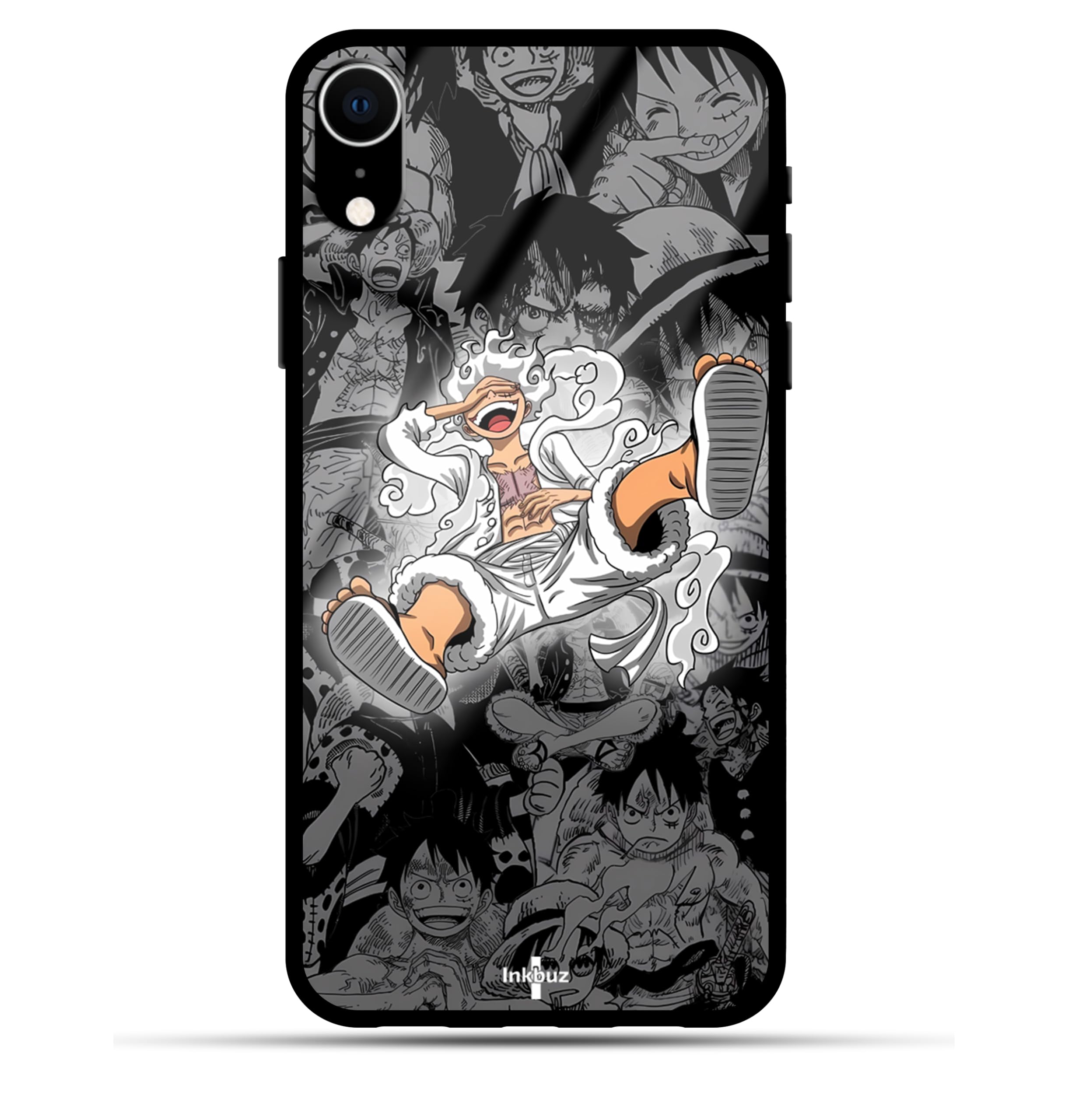 BienesMart Luffy Gear 5 Laughing One Piece Printed Design Anime iPhone Back Case|Strong Tempered Glass Back Cover|Camera & Edge Protection|Wireless Charging (Xr)