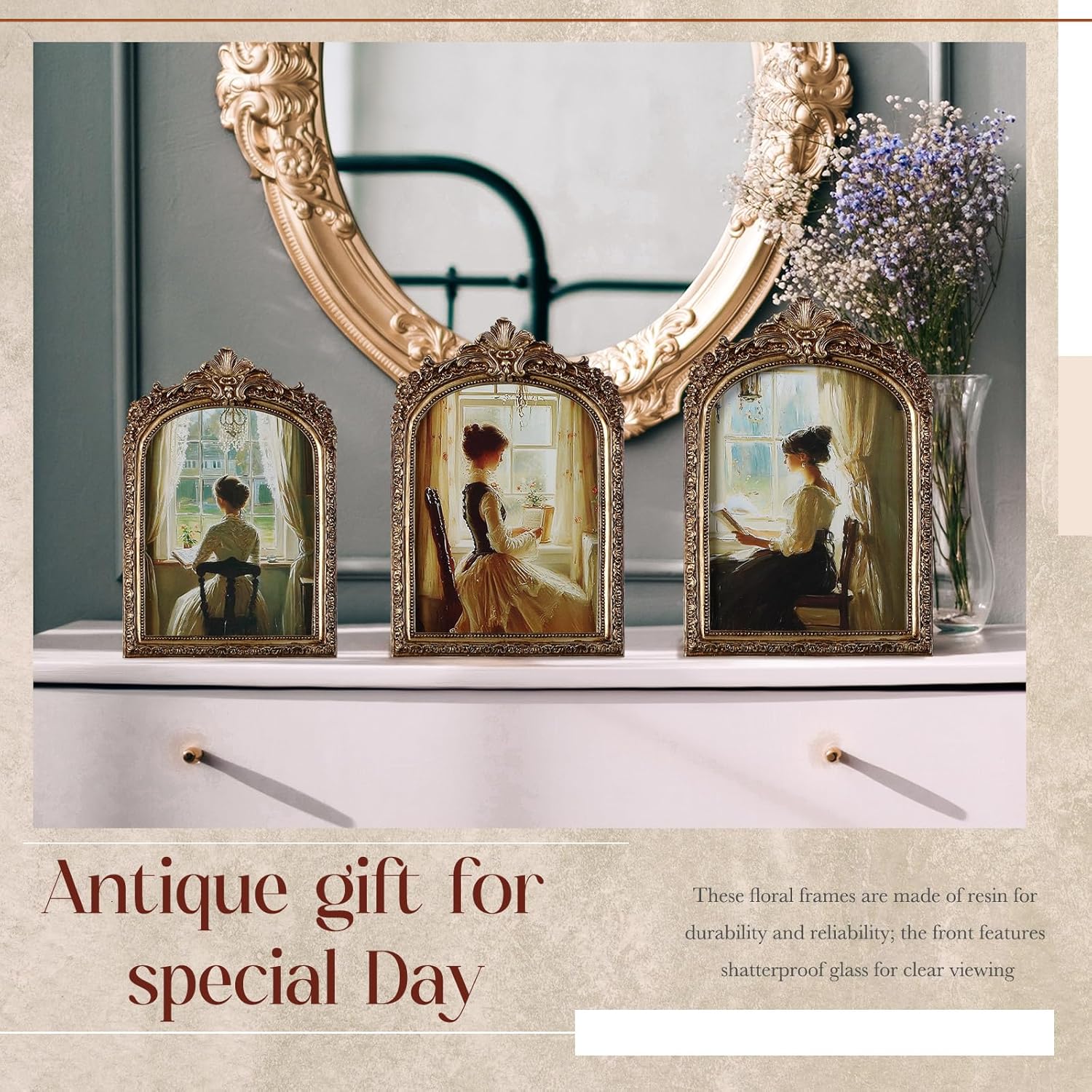 Wonderjune 3 Pcs Vintage Picture Frames Antique Set Baroque Ornate Gold Arched Photo Frames with Glass, Tabletop or Wall for Home Decor Photography Props Gifts(4x6, 5x7, 6x8 Inches,Elegant)