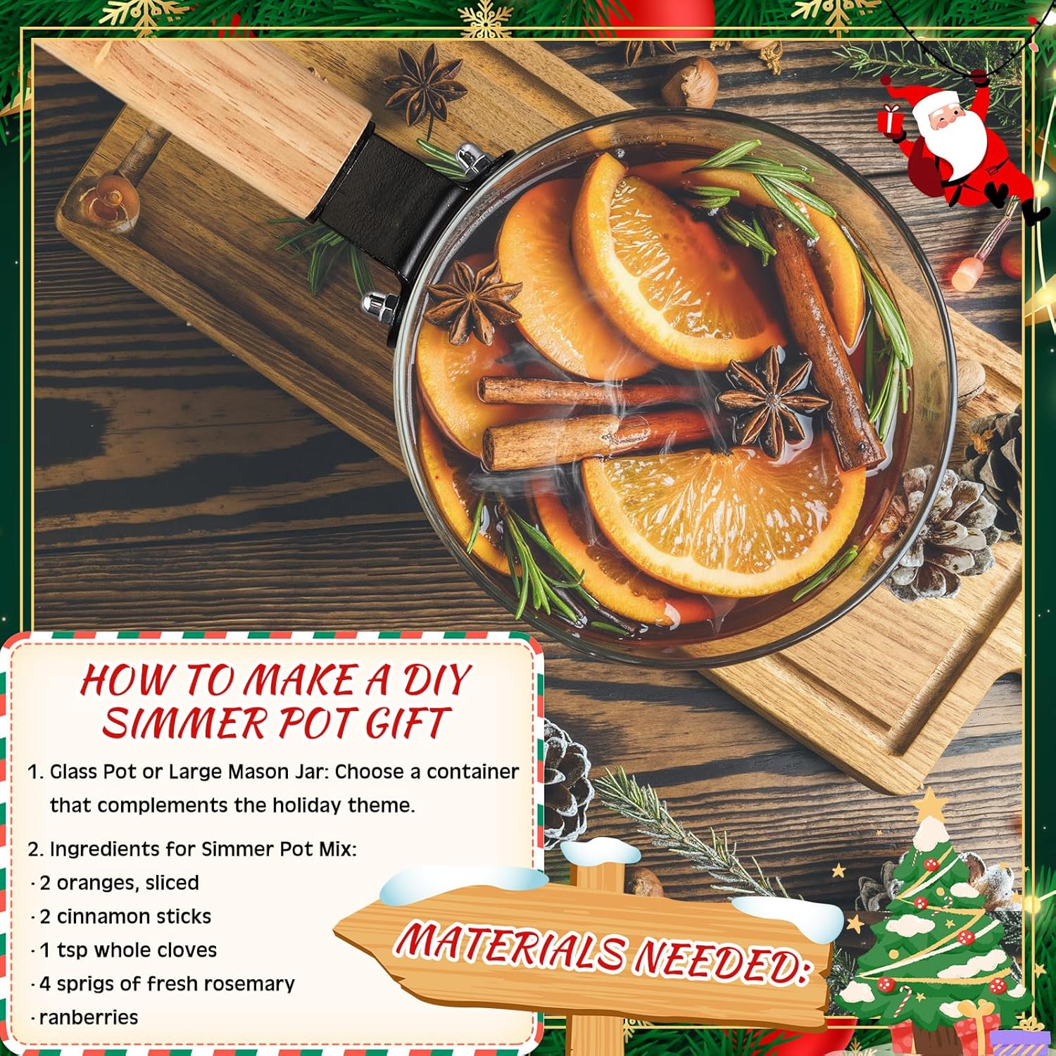 Baderke Christmas Simmer Pot Gift Glass Cooking Festive Saucepan Pots with Christmas Card Artificial Red Berries Pine Needles Handmade Cotton Rope Red Ribbon Stirring Spoon for DIY Xmas Gift(Handle)
