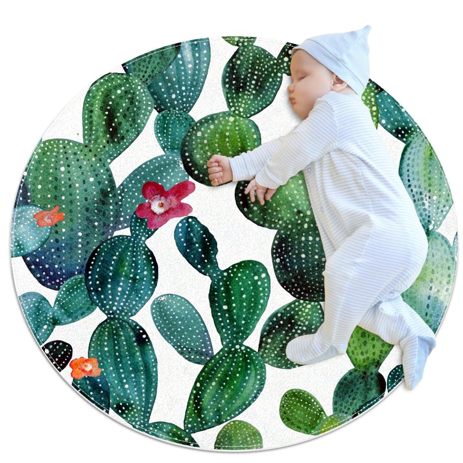 Tapis rond cactus aquarelle 100cm anti-froid pour chambre et salle de jeux