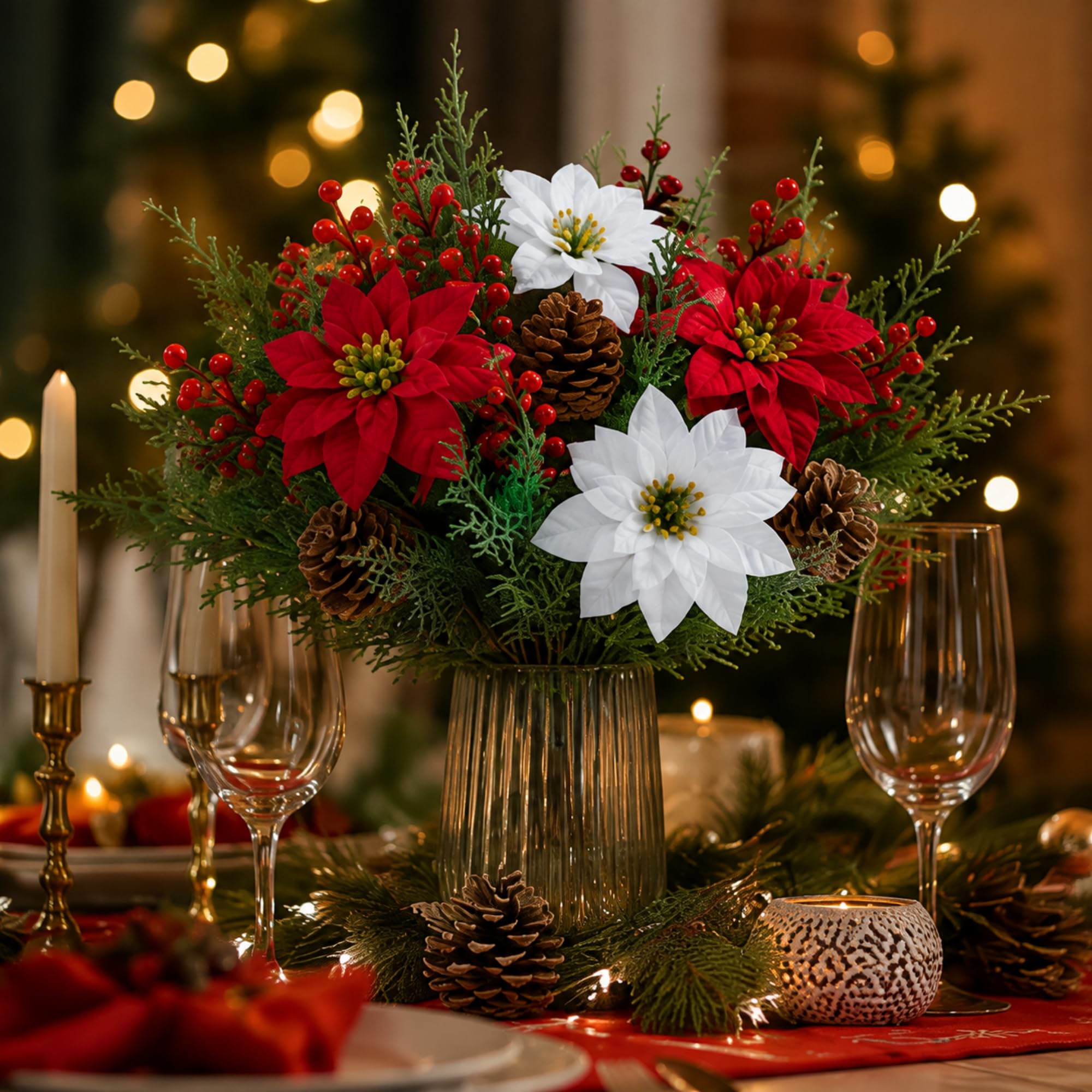 Lot de 20 tiges de pin poinsettia, rouge, vert, blanc | Pics de Noël artificiels avec poinsettias rouges, pommes de pin, baies, aiguilles de pin pour arbre, couronne, vase