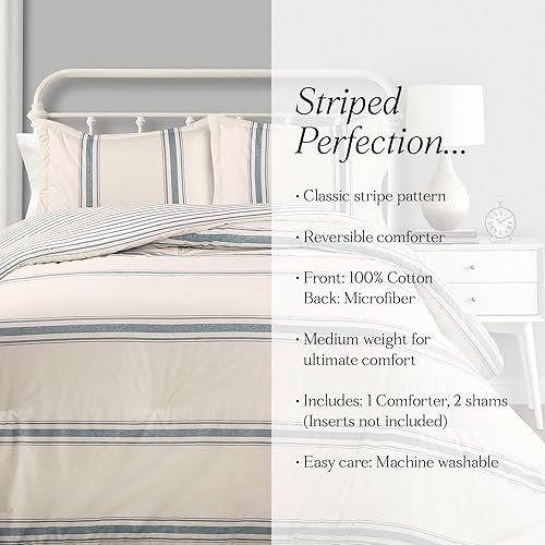 Miniatura 7 de Lush Decor Juego de ropa de cama de 3 piezas con edredón reversible, a rayas, estilo rústico, tamaño king, color azul