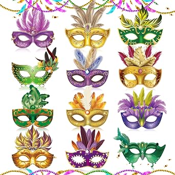 12 PCS Paper Masks Mardi Gras Masks Masquerade Mask for Adult Kids New Orleans Mardi Gras Paper Material