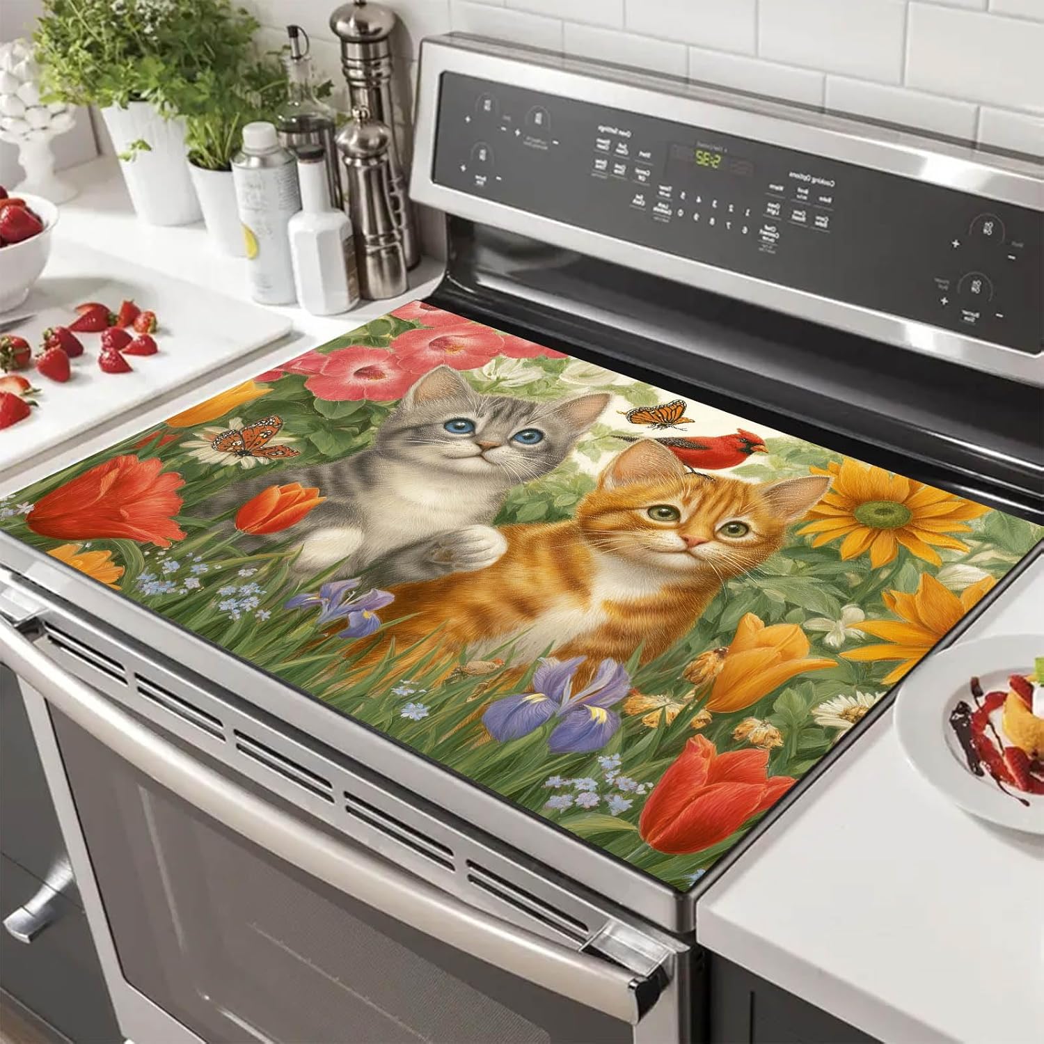 HOMETITUTE Twin Kitten Stove Top Covers for Electric Stove 28x20 Inches Decorative Glass Top Pad Protector Heat Resistant Stovetop Cover Decorative Kitchen Mat for Cooktop Countertops