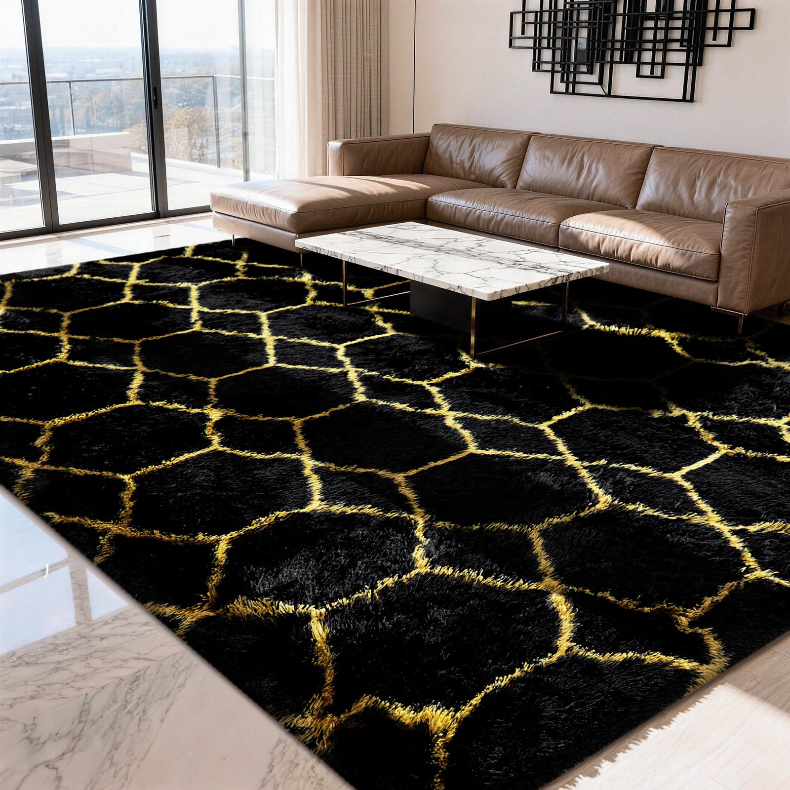 Hochflor Teppich Wohnzimmer 200x300 cm, Schwarz Gold Geometrisch