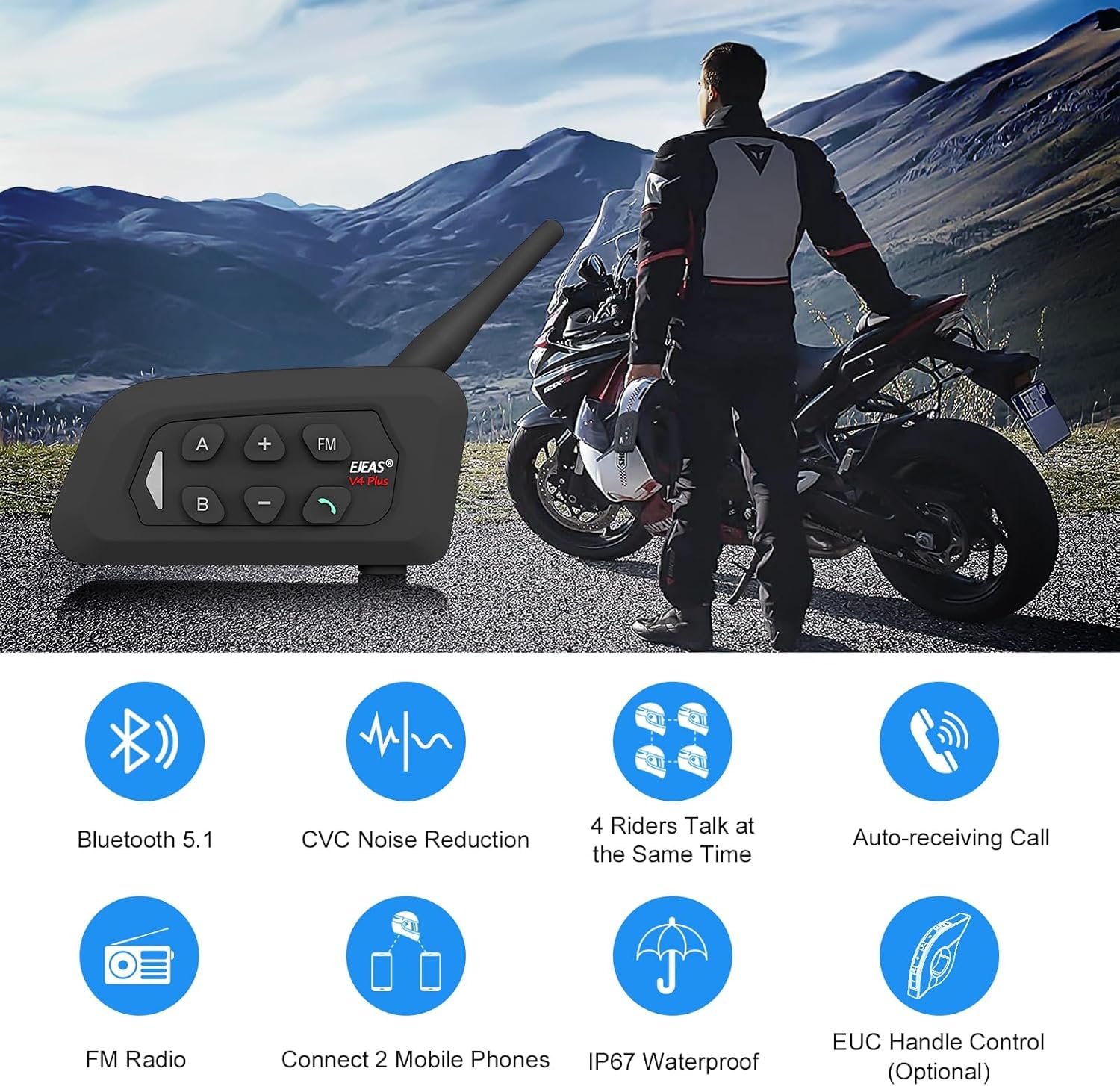 V4 Plus - Intercomunicador de auriculares Bluetooth para motocicleta, sistema de comunicación de 4 vías, resistente al agua, 1500 m, con asistente de voz, cancelación de ruido, FM (2