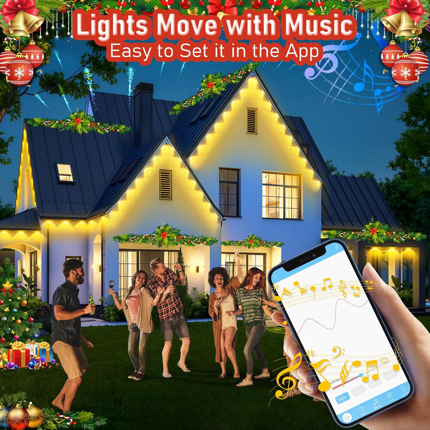 Permanent Outdoor Lights Warm White Cold White for House Lighting Holidays Party Decoration100ft LED String Lights, with App or Remote Control, IP67 Waterproof for Outdoor & Indoor Decor
