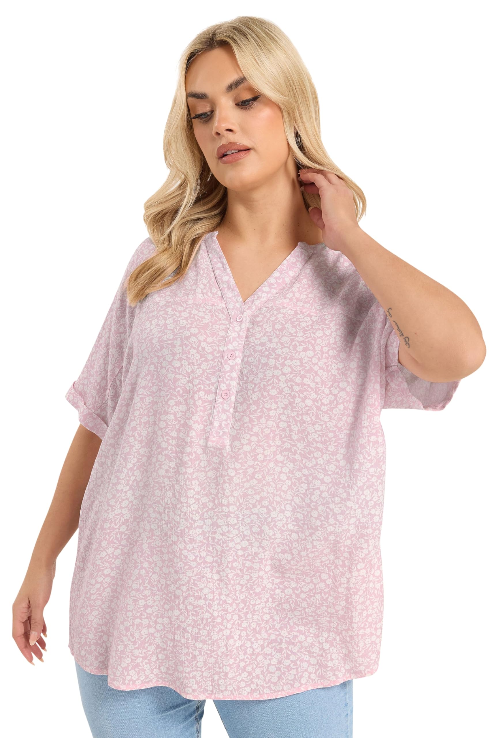 Yours Women's Light Pink Floral Notch Neck Top In Size 22-24