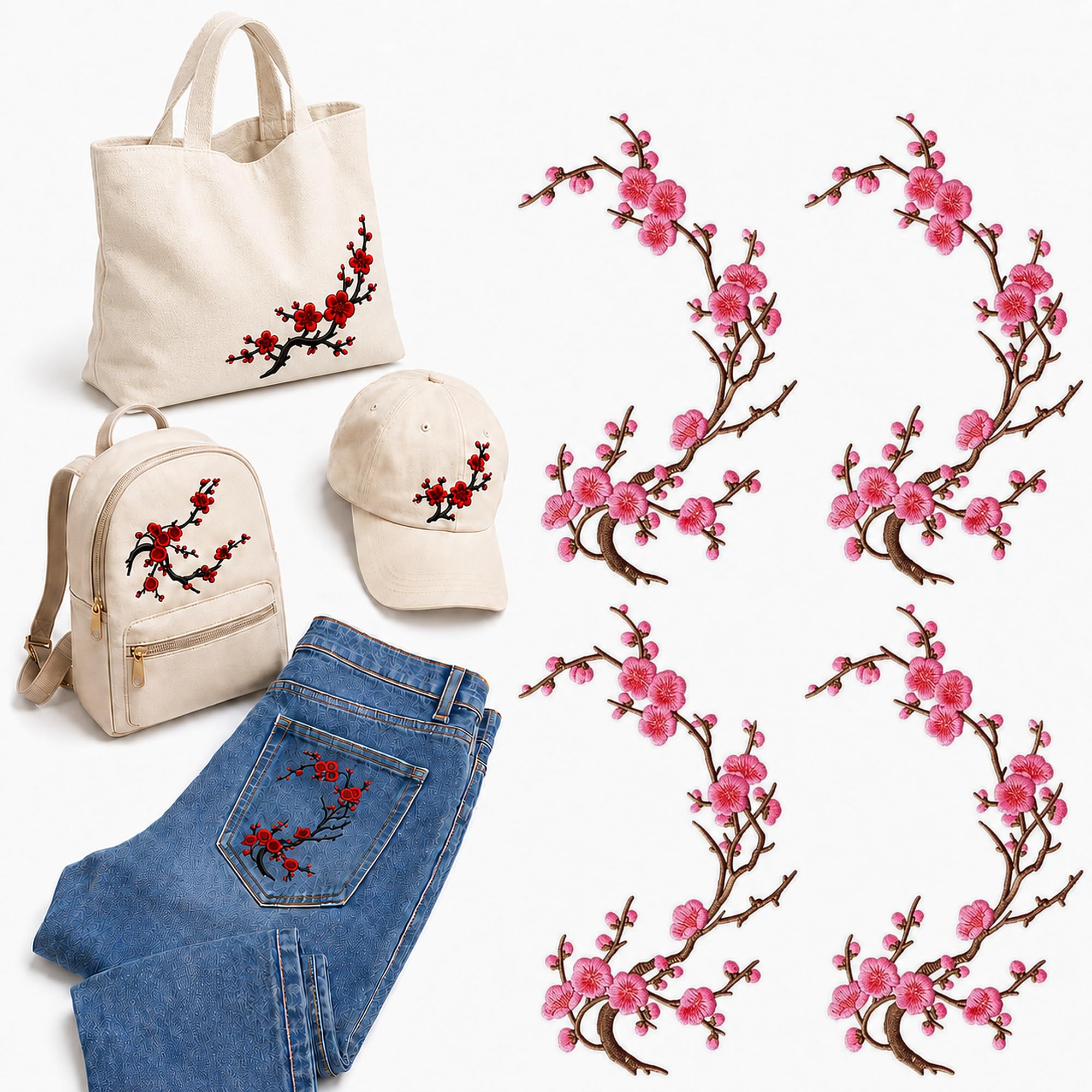 4PCS Cherry Blossom Patches, Iron on Cherry Blossom Patch for Backpacks | Embroidered Iron on Patches with Branch, iron-on sew-on dual use, Flower Patches for Jeans Jackets Clothing Repair DIY Crafts