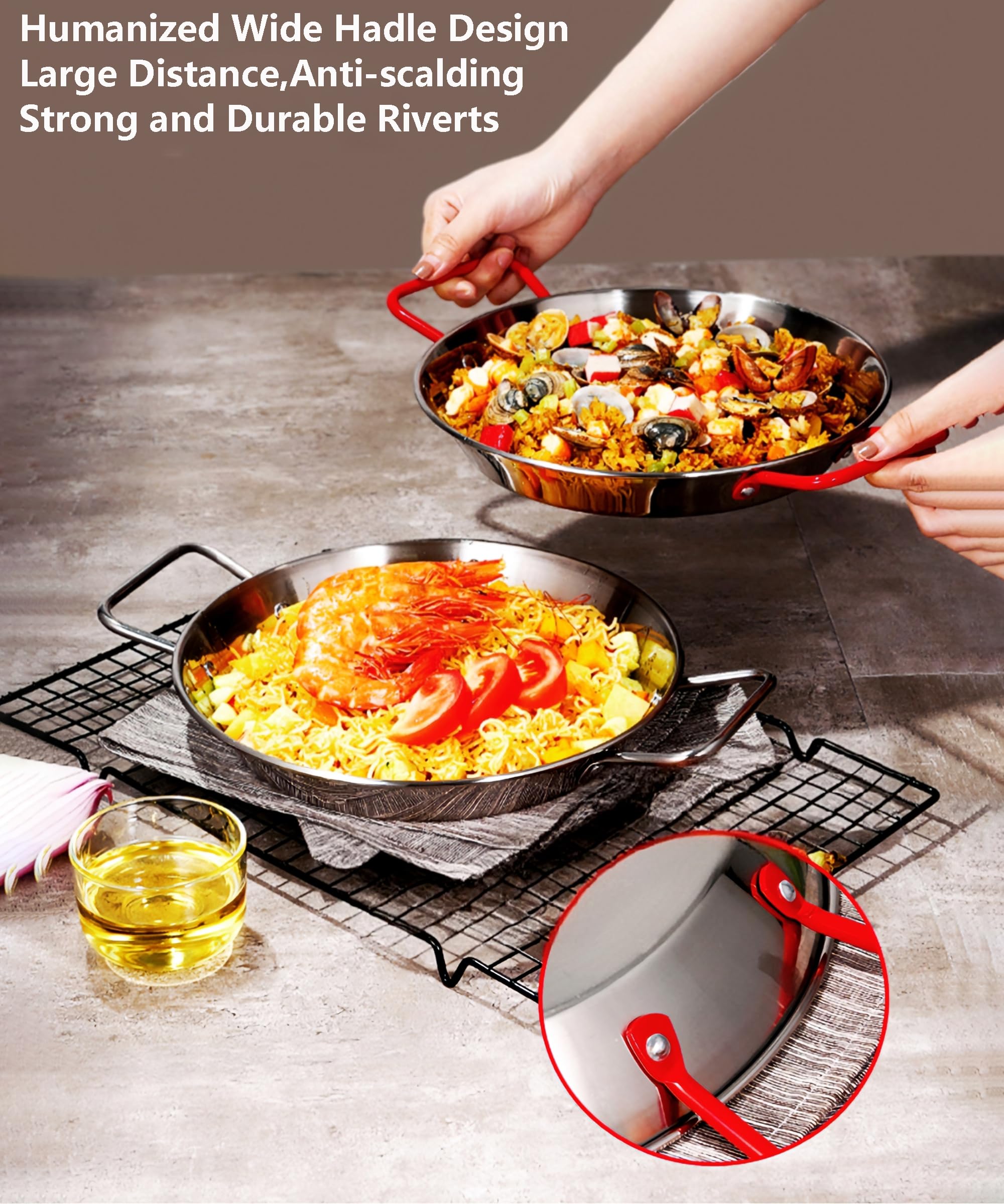 Ponixa Padella per paella in acciaio inox con manici rossi (28 cm for 2-3 person)