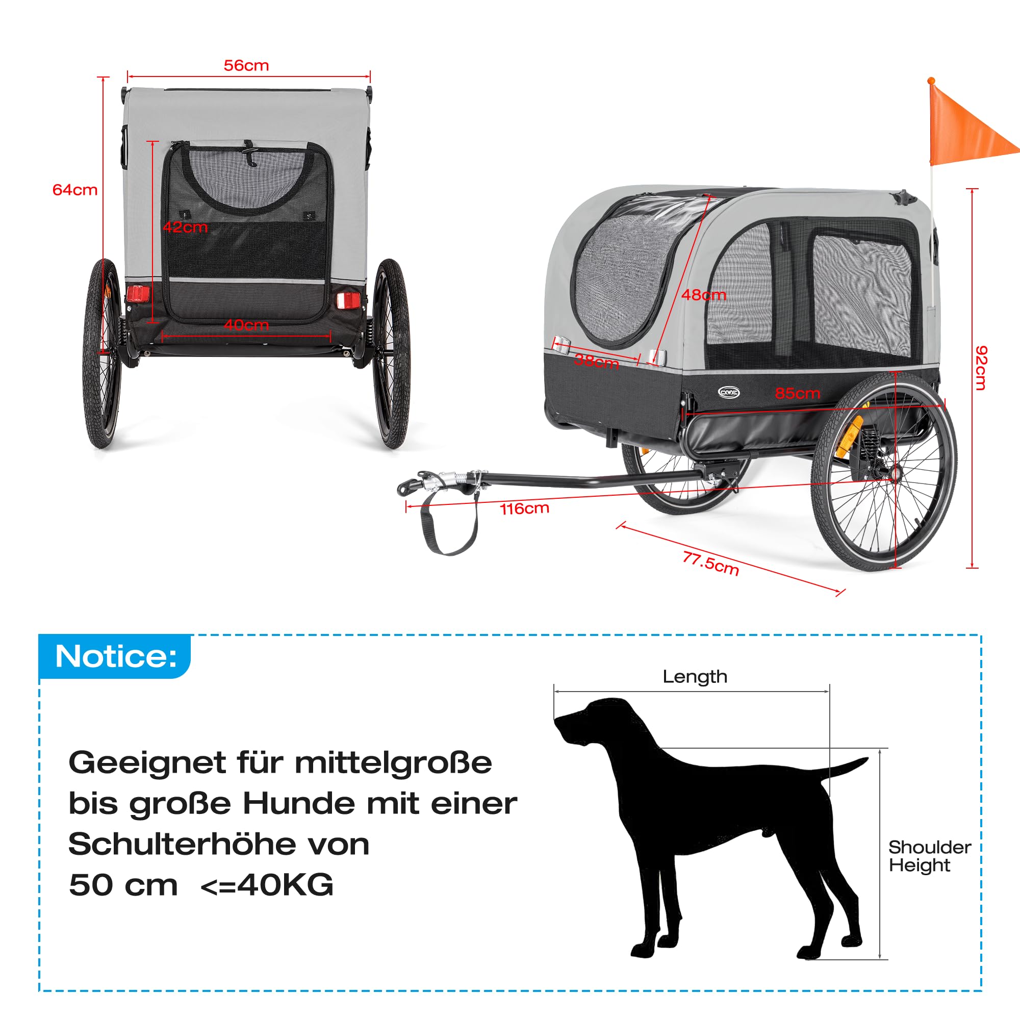 CXWXC Remolque de Bicicleta para Perros, con Amortiguador, Carga máxima 40kg / 88lbs (Rojo)