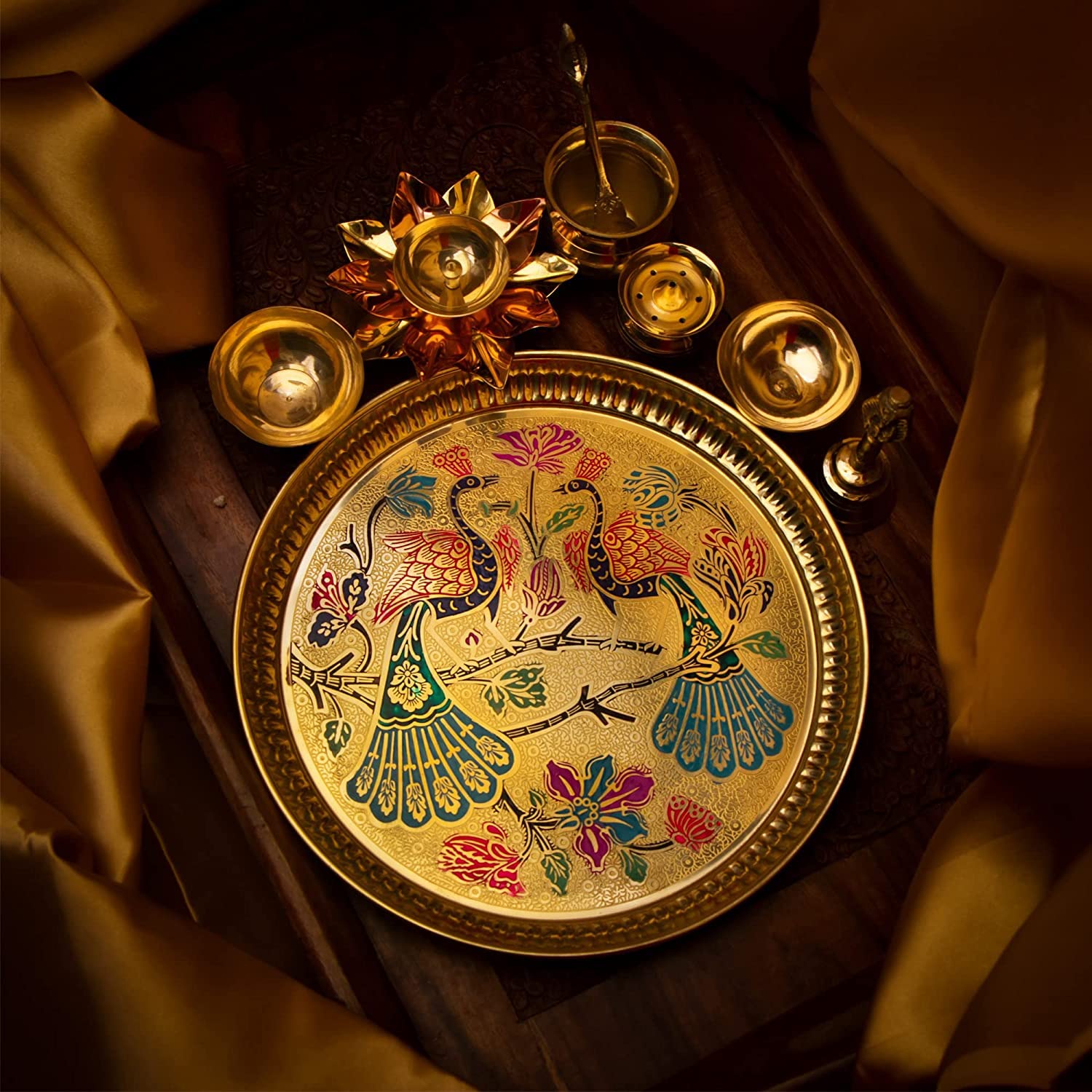 ROLIMOLI Navratri Special Pooja thali Premium Peacock Handcrafted Pooja Design Brass Pooja thali Set for Festival Ethnic Pooja Thali for Home, Temple, Office 8pcs (10inch)