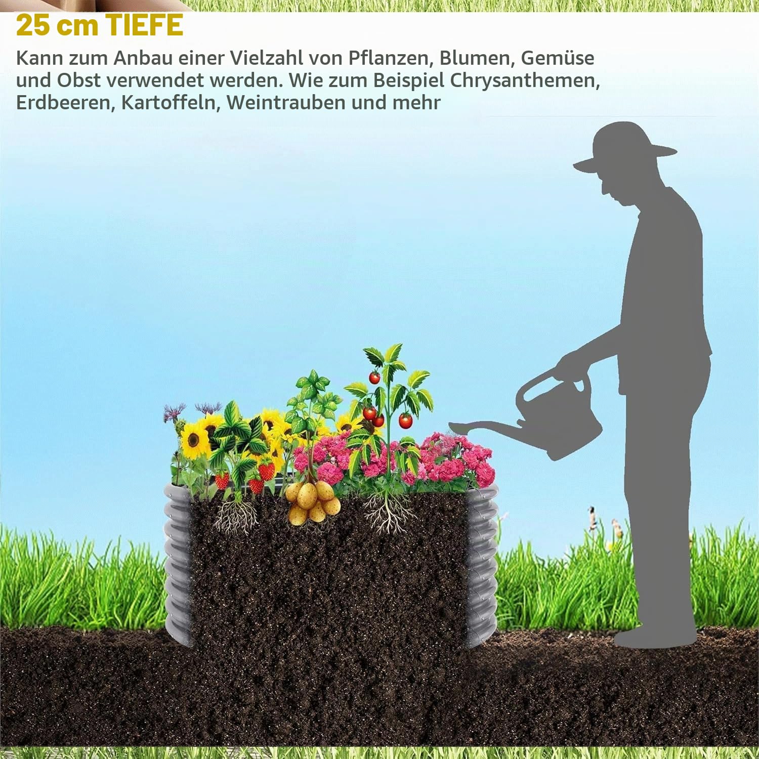 Pflanzkübel 4er-Set 90 x 90 cm rundes verzinktes Hochbeet für den Außenbereich, Metall-Hochbeet für Gemüse, Stahl-Hochbeete für den Garten, oberirdisches Gartenbeet für Blumen