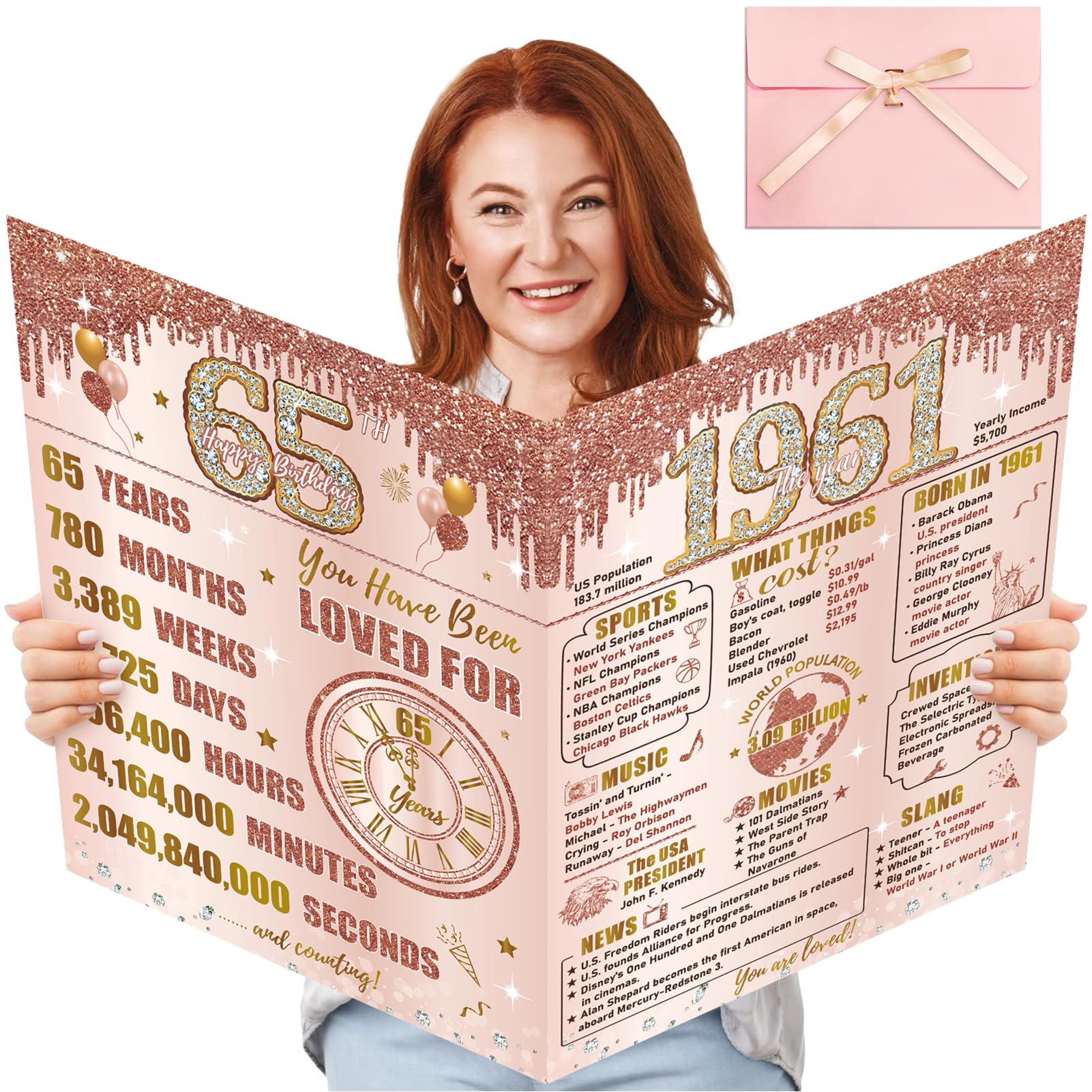 Turypaty Large 65th Birthday Card With Envelope for Women, Pink Rose Gold The Year 1960 Happy 65th Birthday Giant Guest Signature Book Gift, Extra Big 65 Greeting Card Decoration Party Supplies — image 1