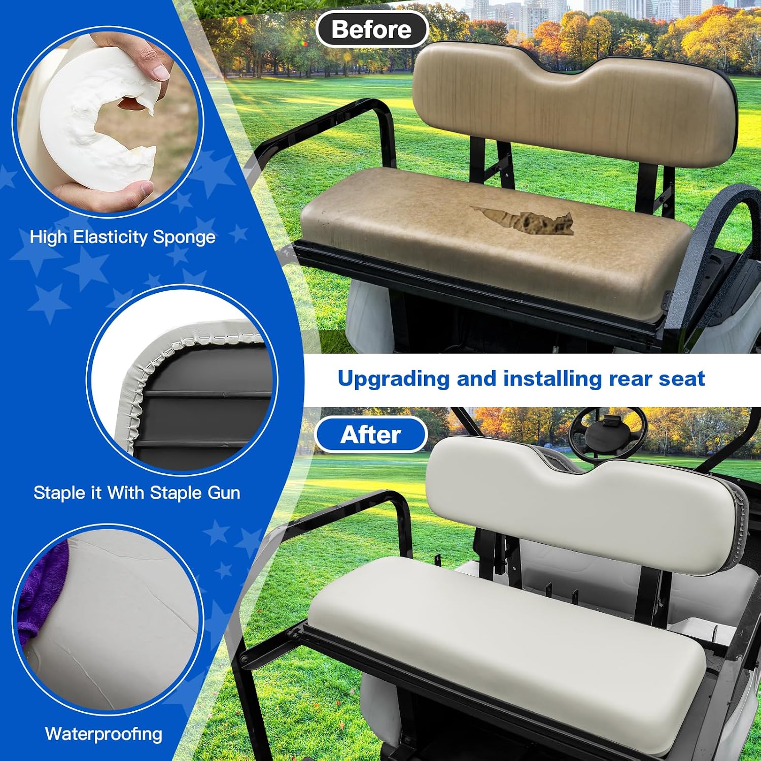 NOKINS Golf Cart Rear Seat Replacement Cushion, Universal Back Seat Cushions for Yamaha/EZGO TXT/RXV/Club Car Precedent/DS, Waterproof Vinyl Leather & Memory Foam, Gray