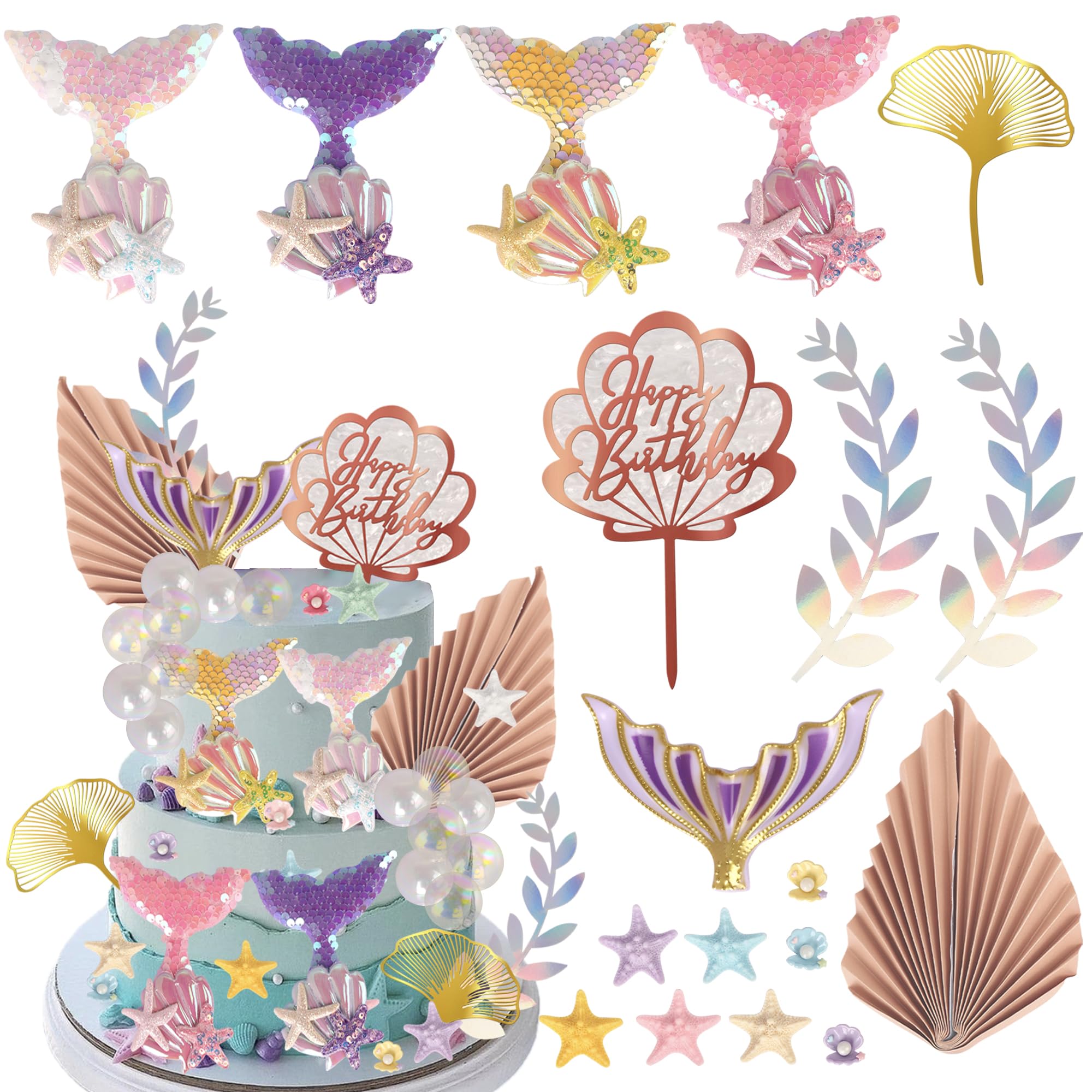 Xsstarmi Mermaid Theme Cake Decoration Shell Starfish Bubble Mermaid Cake Pick Decoration for Under the Sea Theme Mermaid Girls Birthday Party Cake Decorations Supplies โ image 1