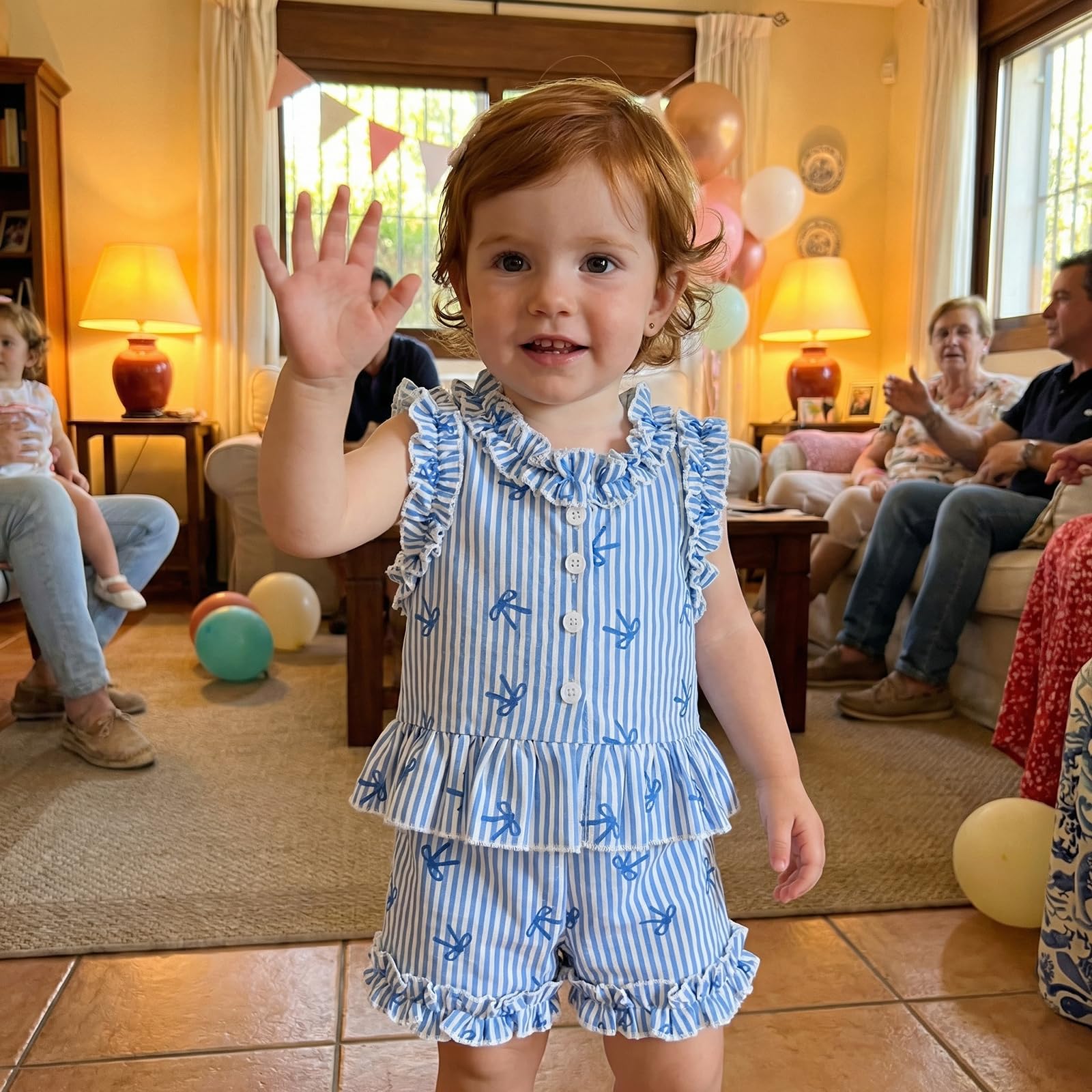 Ensemble Tenue d'été Bébé Fille Débardeur Rayé à Volant Chemise sans Manches à Bouton + Short à Rayures