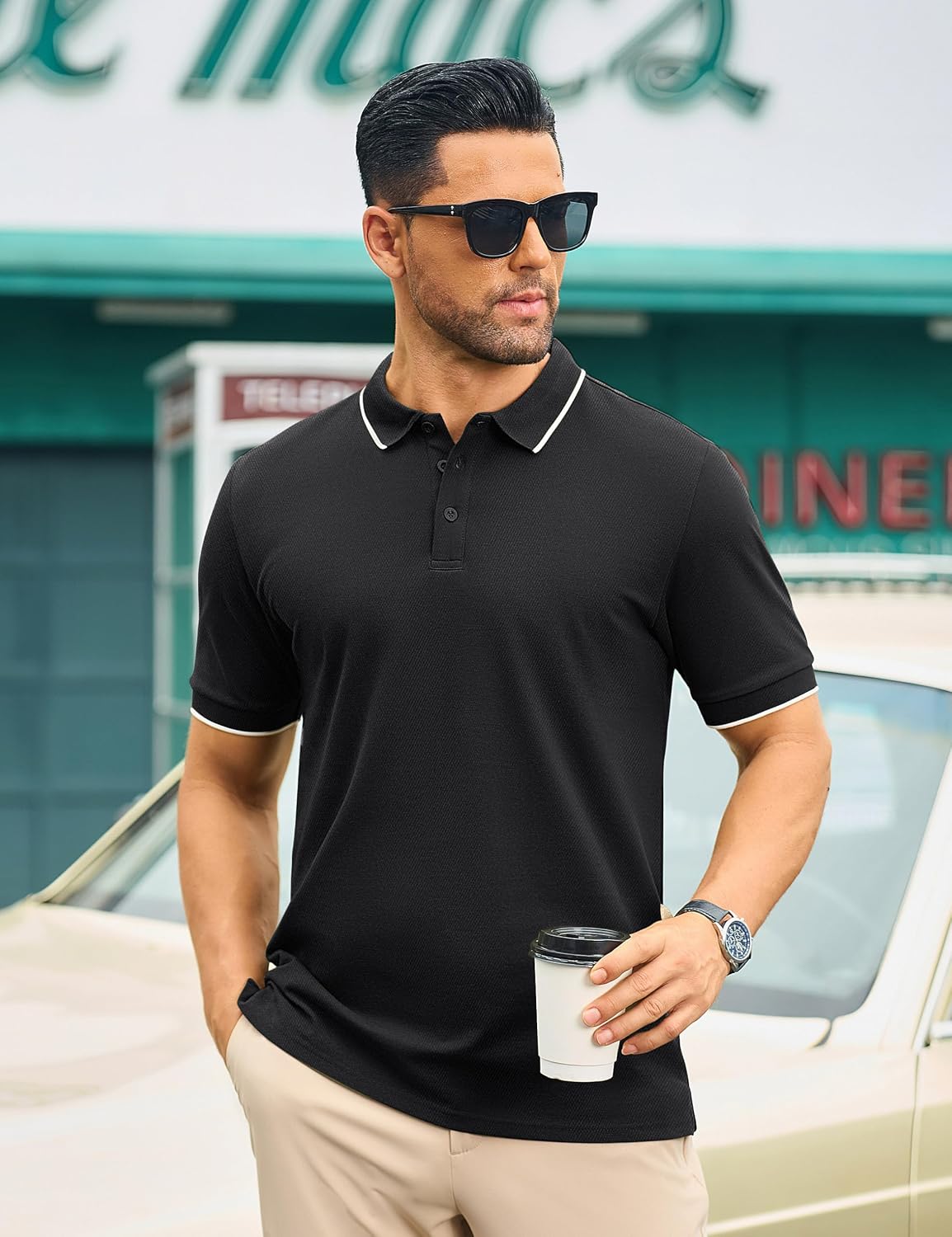 Cotrasen Mens Polo Shirts Short Sleeve Dual Tipped Collar T-Shirt Cotton Pique 3 Buttons Classic Fit Casual Golf Shirts