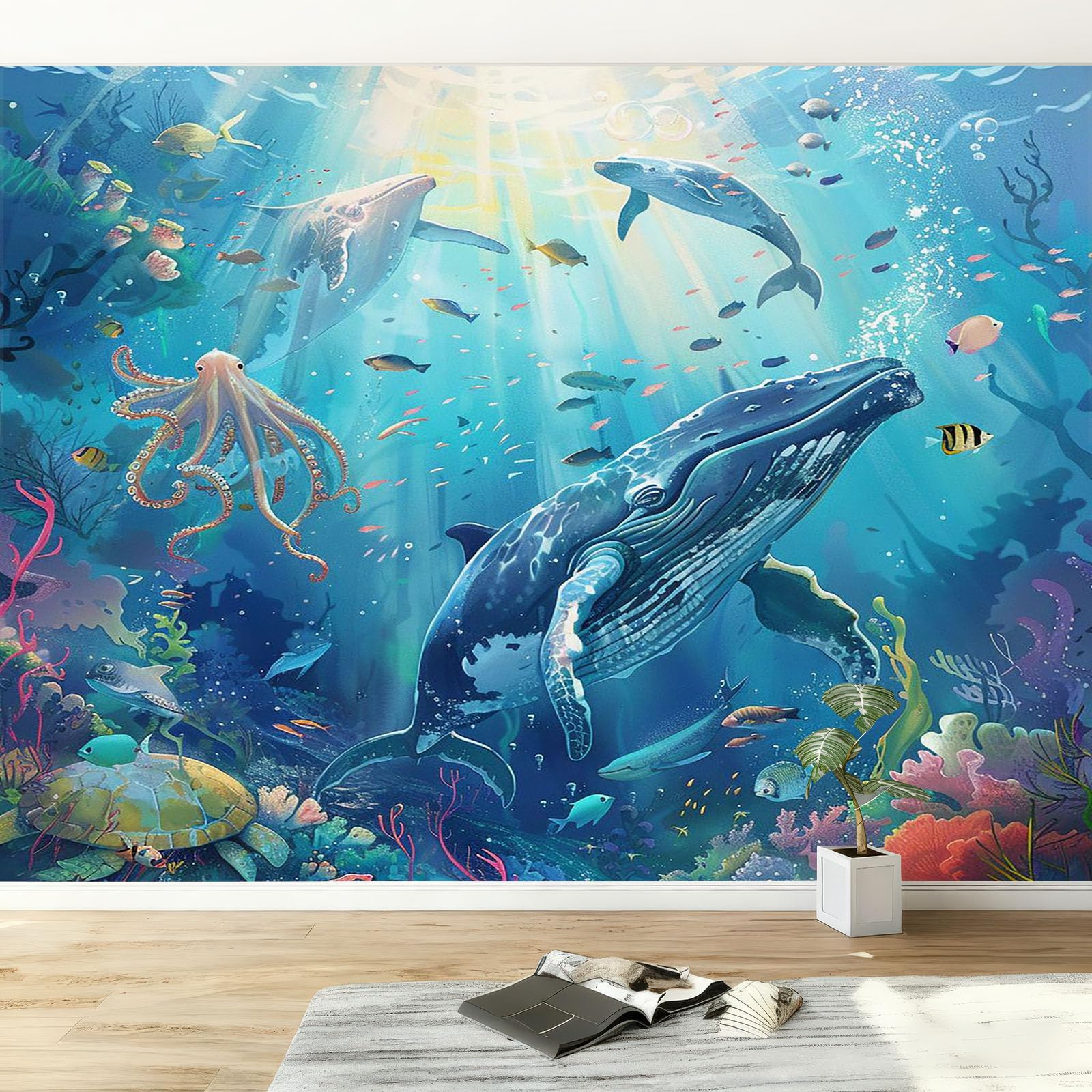 3D Effekt Fototapete Abstrakte Kunst Unterwasser-Tiere Wanddeko, Blau Hochwertige Wanddekoration, Vlies Tapete Wandbild für Wohnzimmer Schlafzimmer Büro 350x256cm