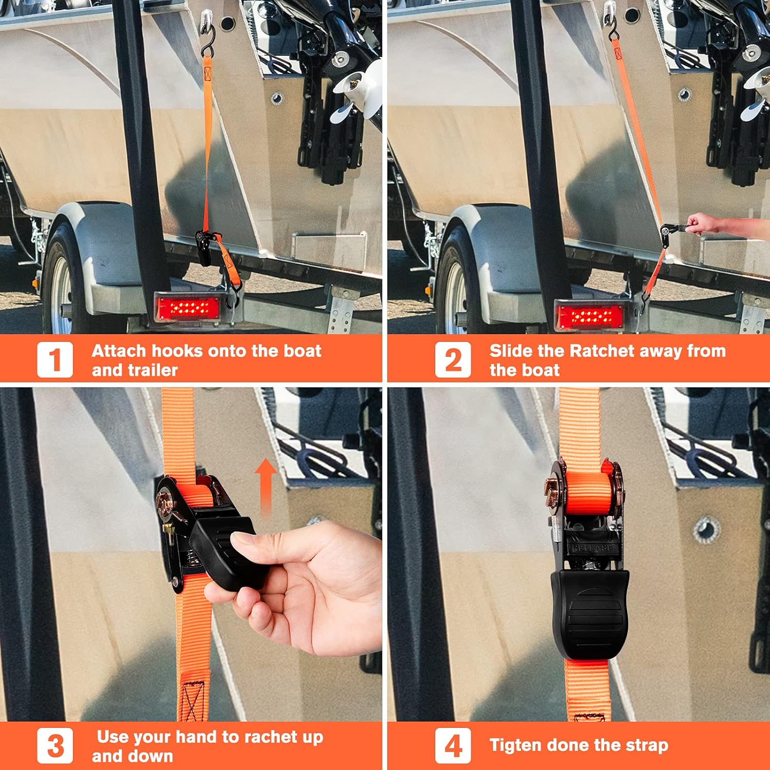 WELLUCK Boat Trailer Transom Tie Down Straps 2400 LBS, 1 Inch x 4 FT Heavy Duty Retractable Ratchet Straps Tie Downs to Trailer Marine Jet Ski Pontoon, with Quick Release Buckle & Anti-Scratch Hooks : Sports & Outdoors