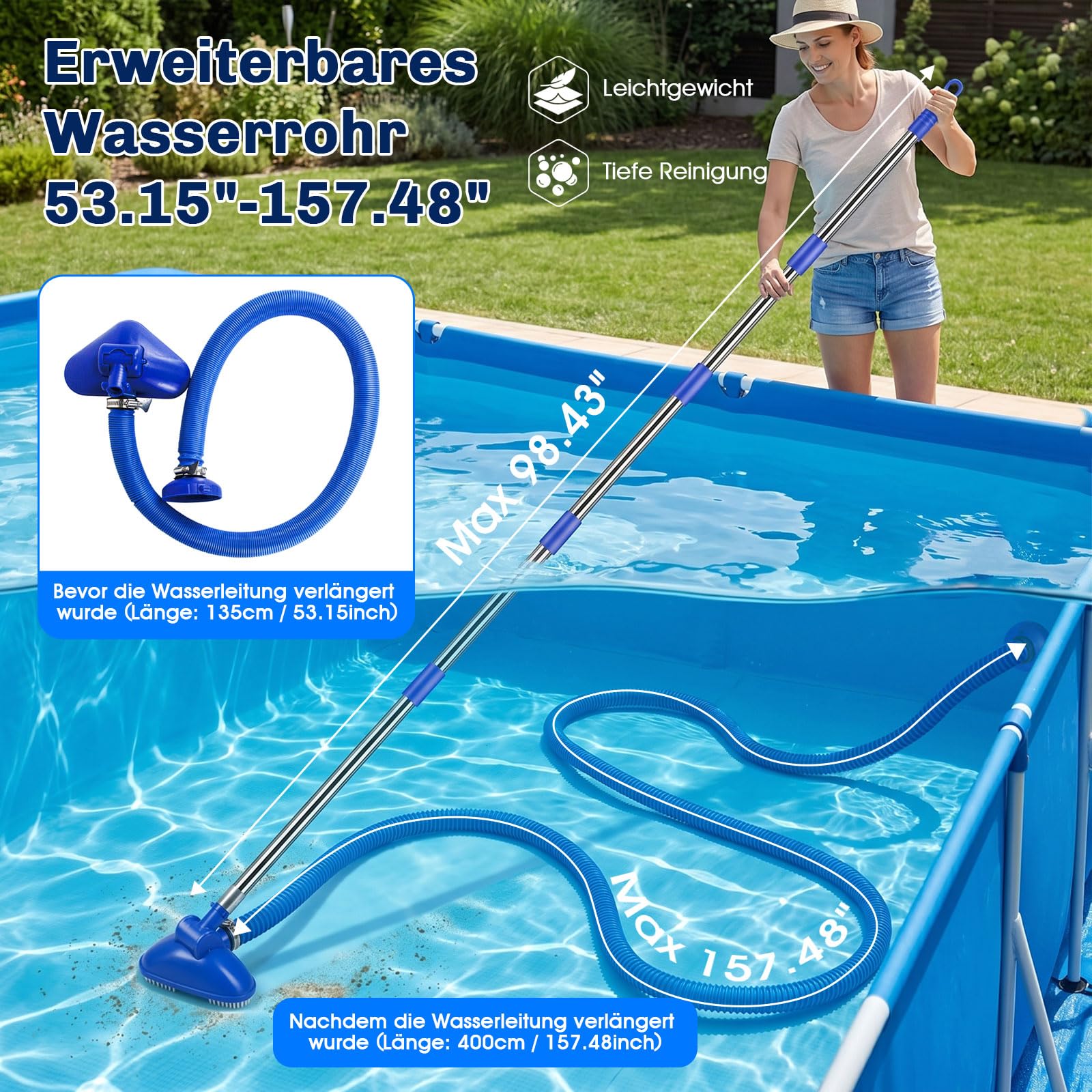 2.0 Upgrade Poolsauger Handheld Kabellos mit Teleskopstange und Schlauch, Starke Saugleistung Poolreiniger Bodensauger Pool Zubehör für Pool Schwimmbad Whirlpool Spa