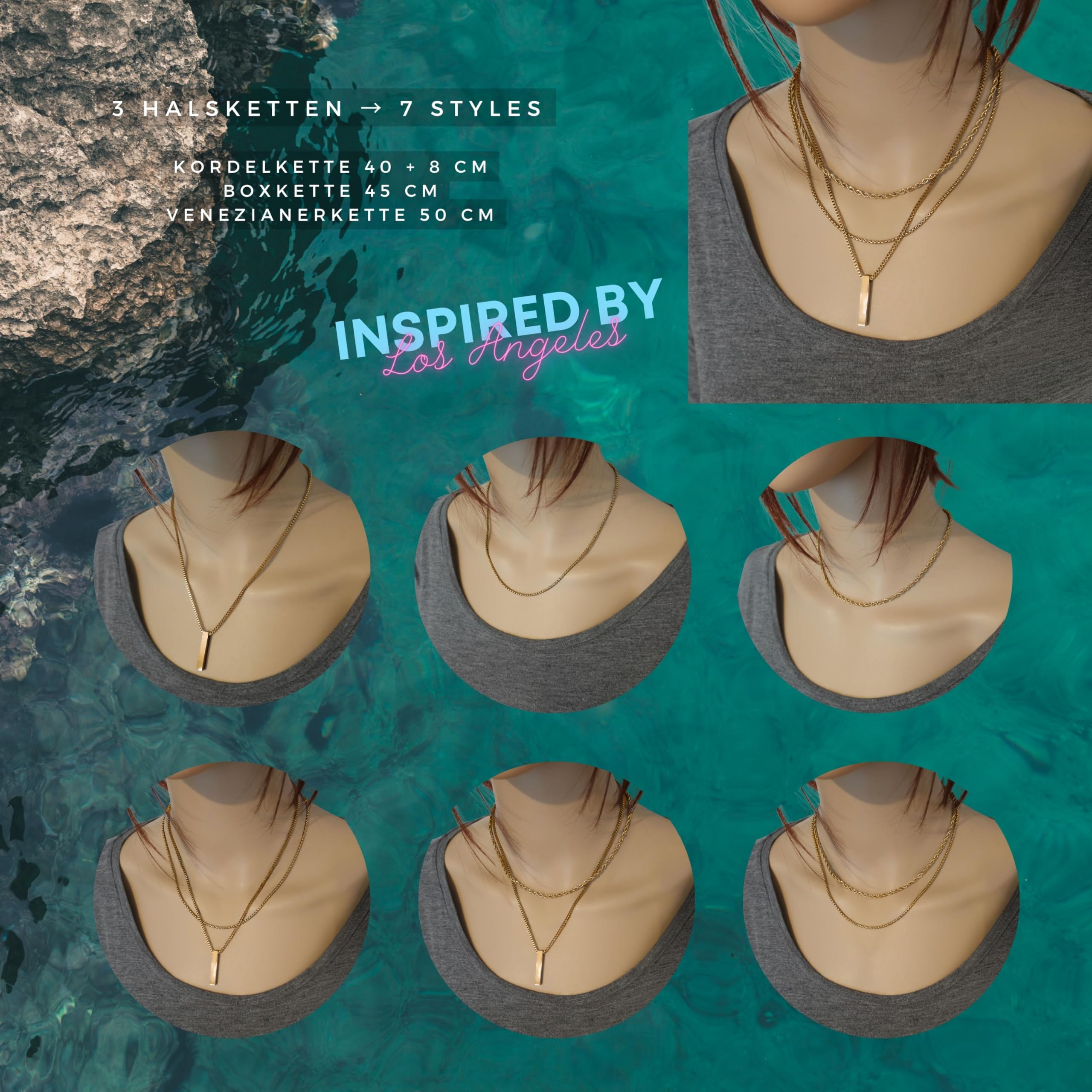 Ensemble de colliers élégants en acier inoxydable pour femme avec pendentif en forme de tige (avec boîte à bijoux)