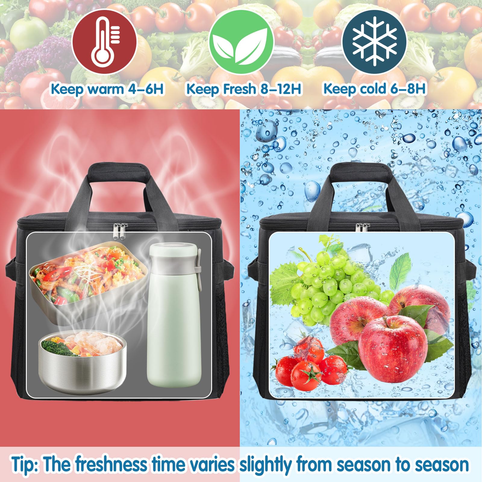 Borsa Termica Porta Pranzo 40L, Borsa Frigo Grande con Tracolla Regolabile, Tasche Multiple e Apribottiglie per Picnic Campeggio Ufficio (Nero)