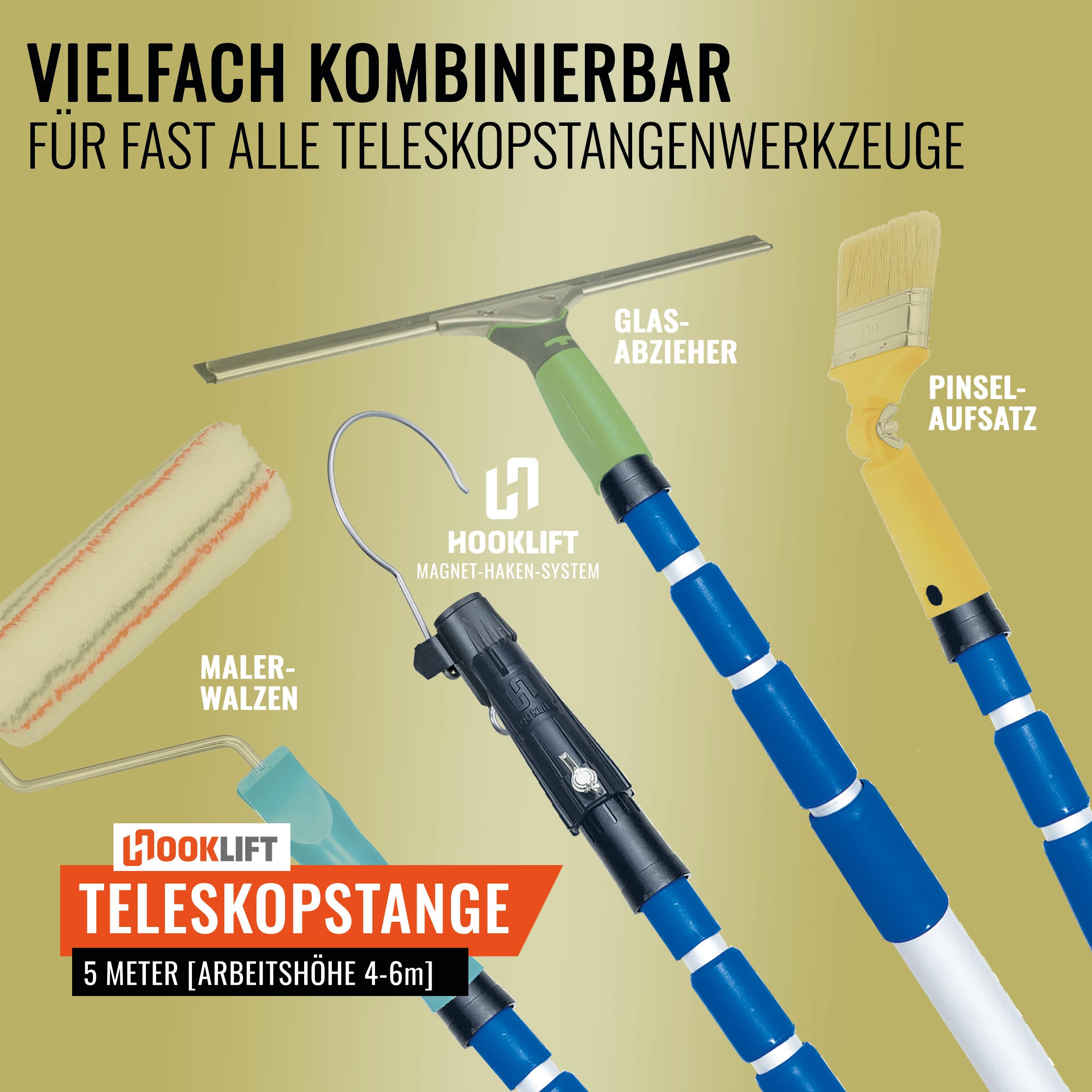 die KÜRZESTE 5m Alu-Teleskopstange mit Adapter, stufenlos von 154 bis 505 cm verstellbar; ideal für das neuartige Magnet-Haken-System und für weitere Werkzeugaufsätze nutzbar