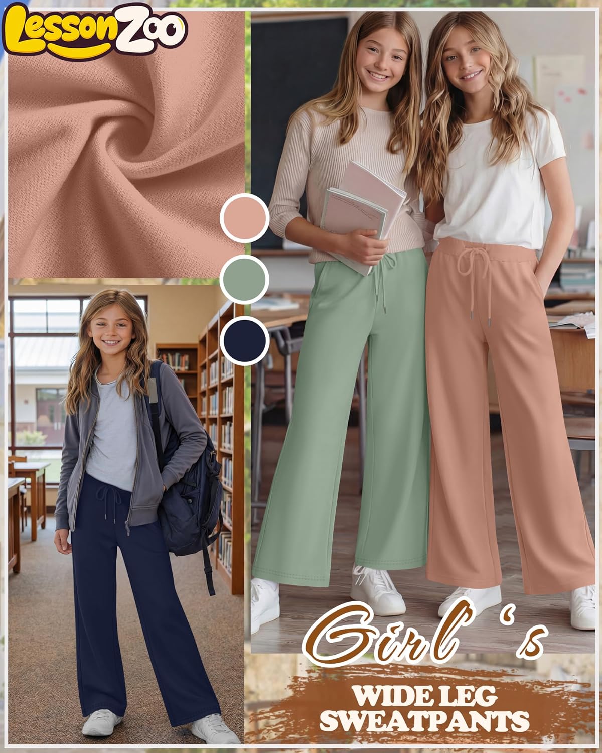 3 Pack Girls Wide Leg Sweatpants Kids Drawstring High Waist Baggy Pants Teen Athletic Trousers with Pockets - Image 6